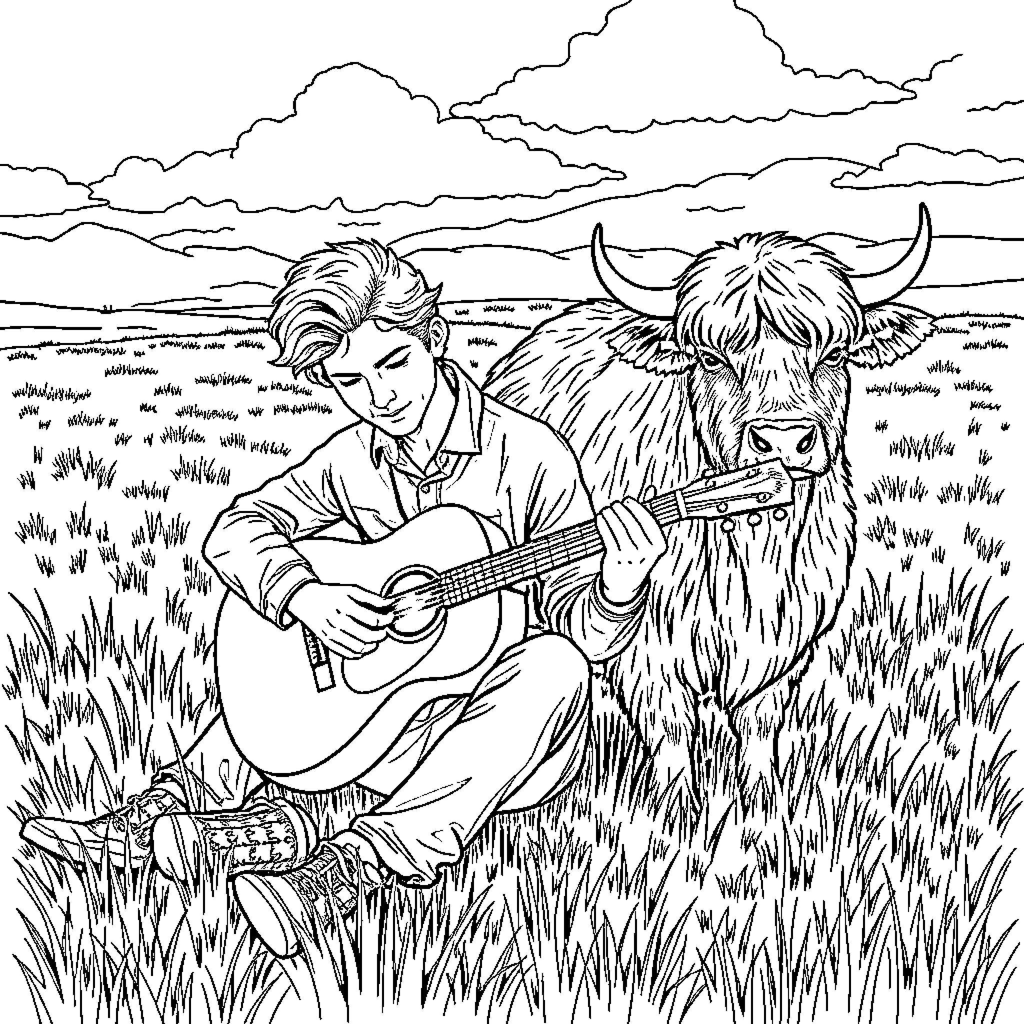 Guitarist playing guitar with cattle in countryside Coloring Page (free black-and-white line drawing printable PDF for all, from beginners to advanced learners, including children, teens, adults, and seniors)