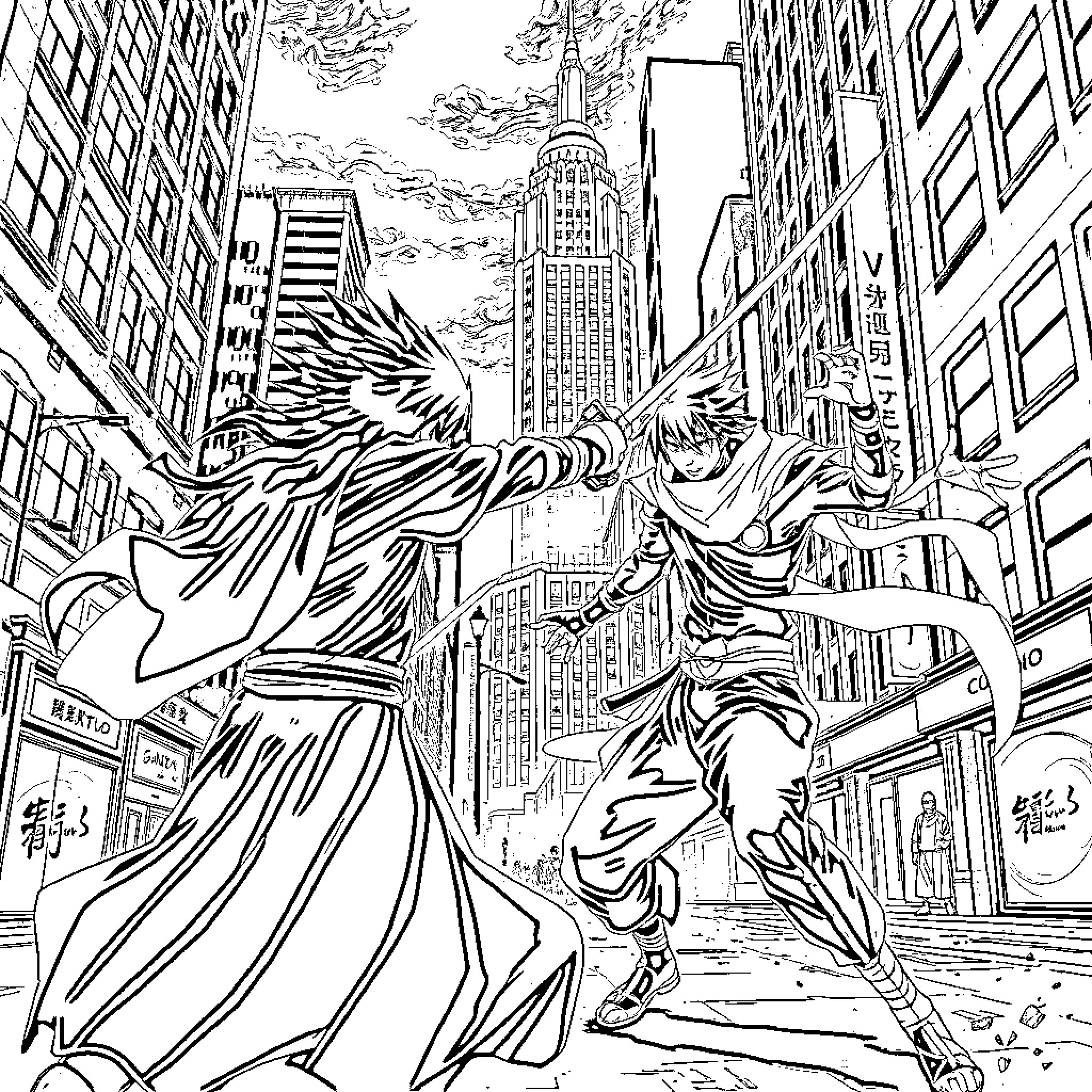 Uchiha Heroes Soaring Through the City Coloring Page (free black-and-white line drawing printable PDF for all, from beginners to advanced learners, including children, teens, adults, and seniors)