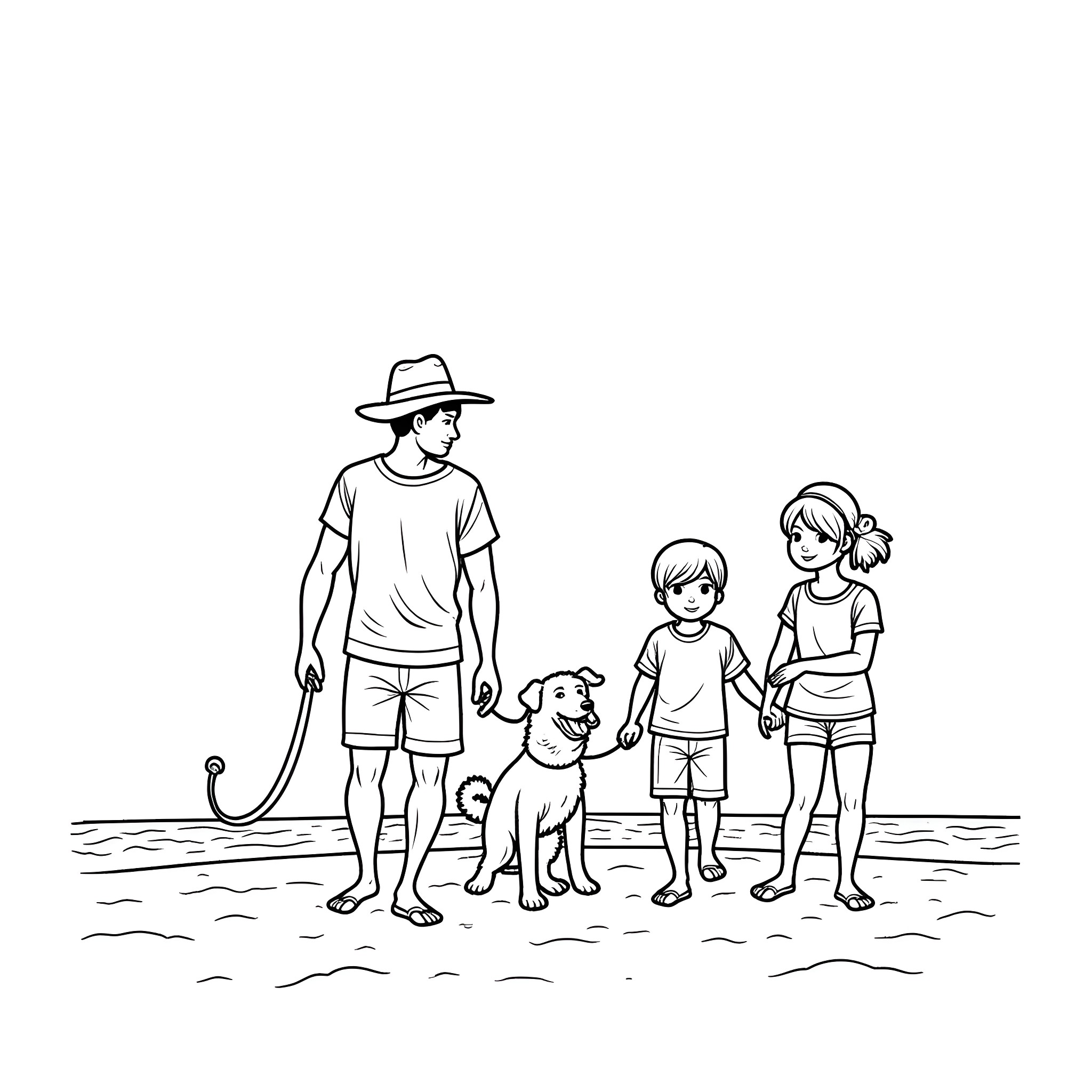 Family enjoying a day at the beach Coloring Page (free black-and-white line drawing printable PDF for all, from beginners to advanced learners, including children, teens, adults, and seniors)