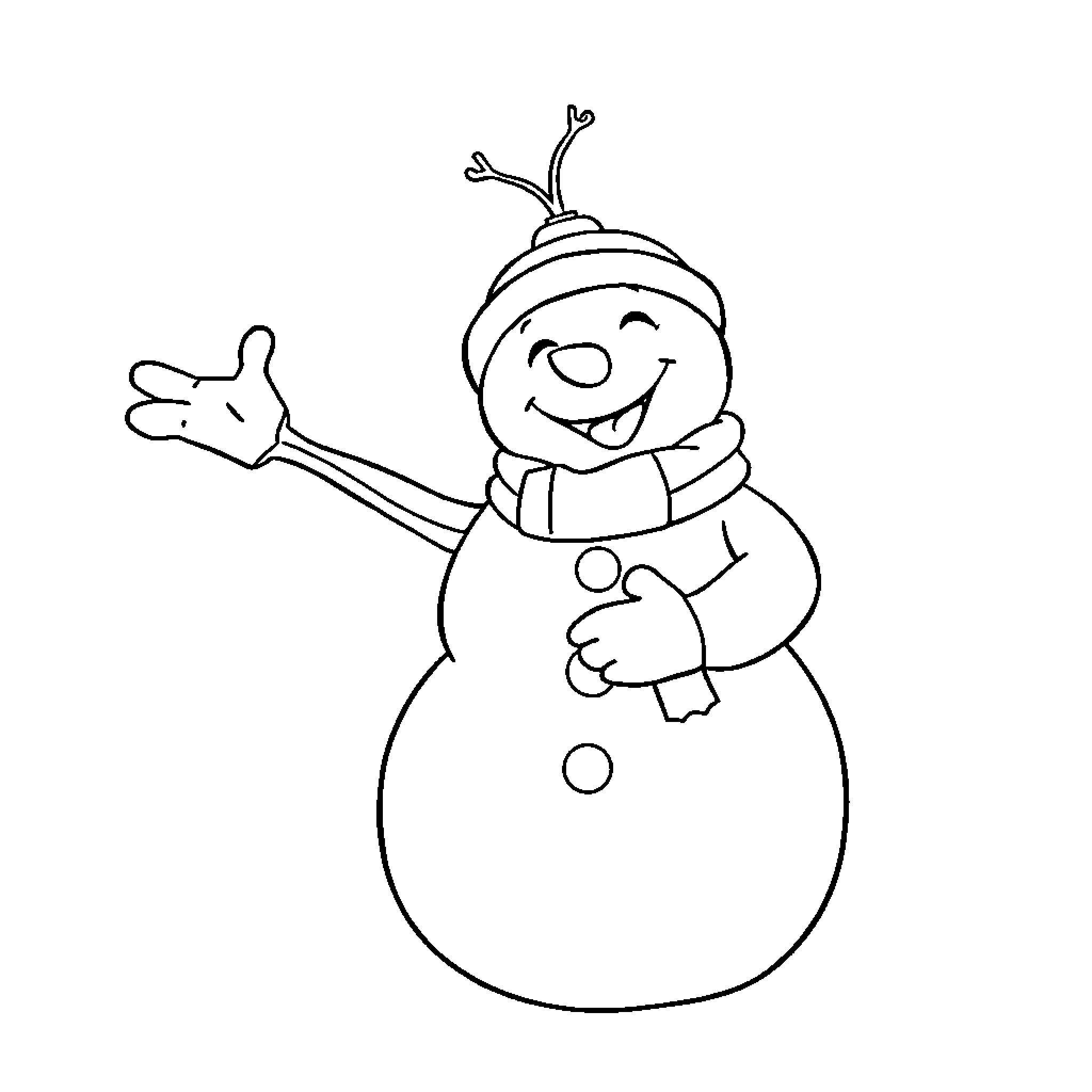 Snowman happily waving in winter Coloring Page (free black-and-white line drawing printable PDF for all, from beginners to advanced learners, including children, teens, adults, and seniors)