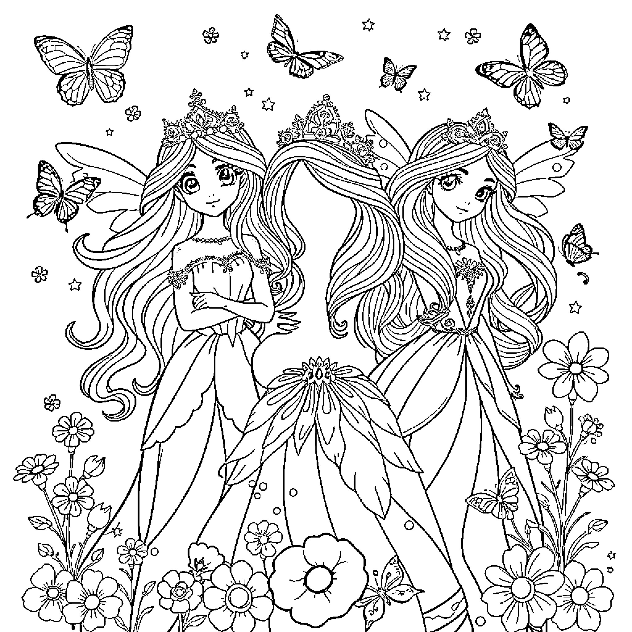 Princess Fairies and Butterflies in Enchanted Garden Coloring Page (free black-and-white line drawing printable PDF for all, from beginners to advanced learners, including children, teens, adults, and seniors)