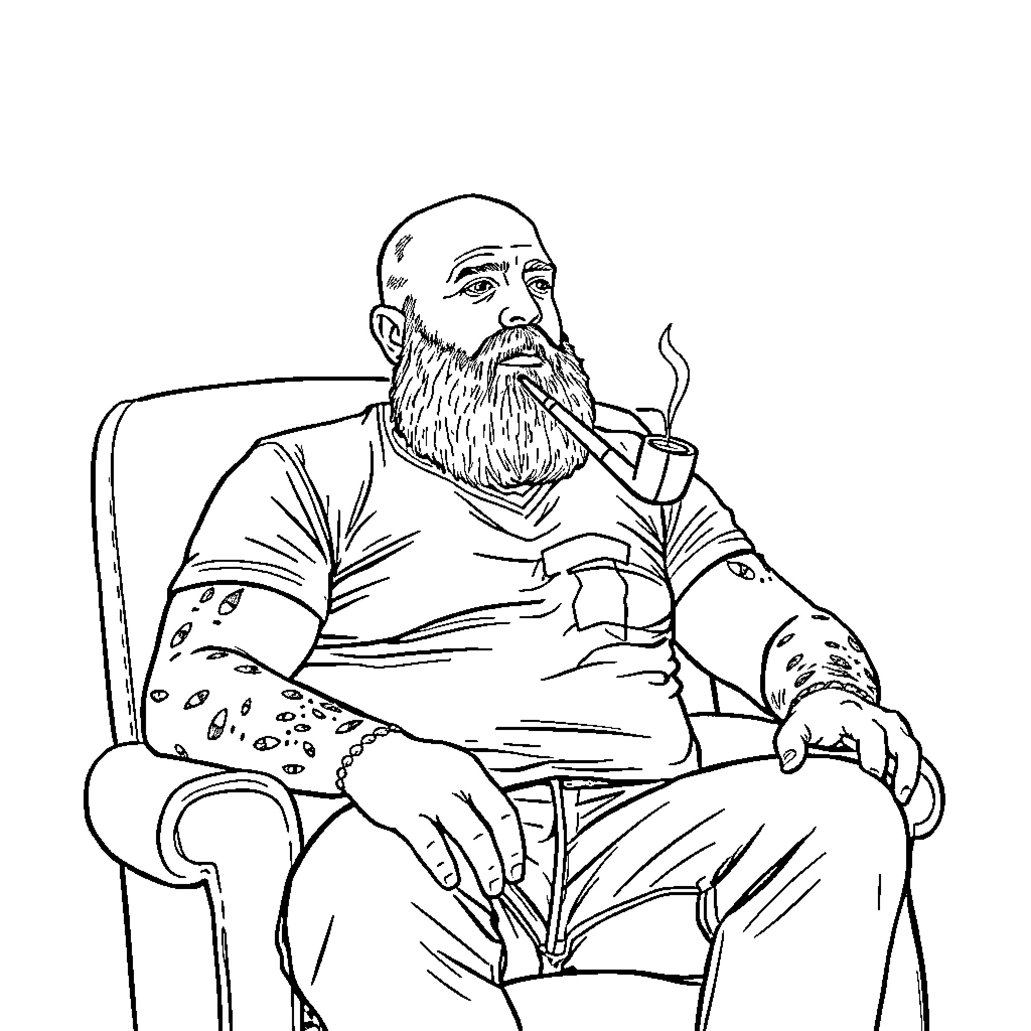 Joe Rogan in deep thought, smoking a pipe Coloring Page (free black-and-white line drawing printable PDF for all, from beginners to advanced learners, including children, teens, adults, and seniors)