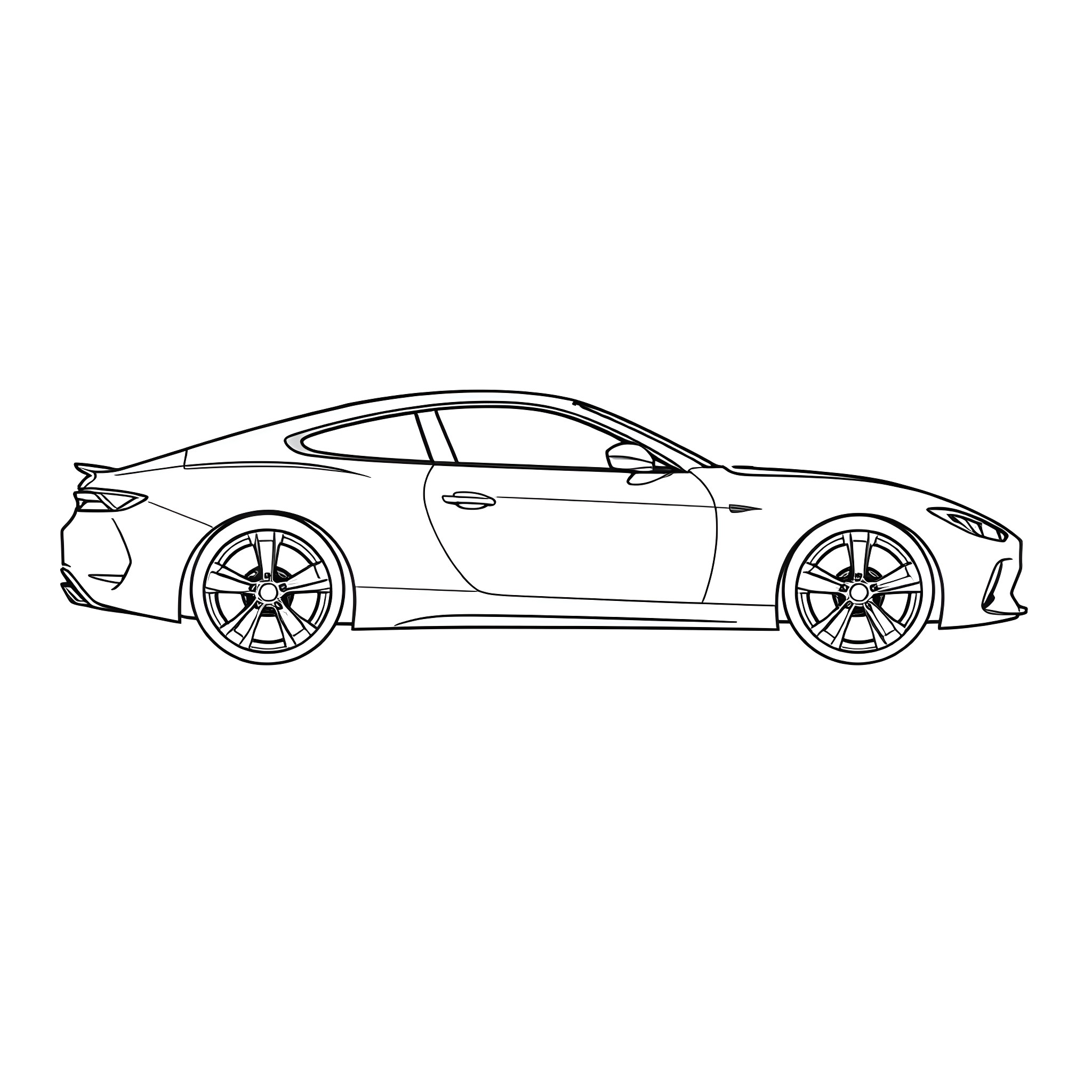 Car in dynamic pose with stylish wheels Coloring Page (free black-and-white line drawing printable PDF for all, from beginners to advanced learners, including children, teens, adults, and seniors)