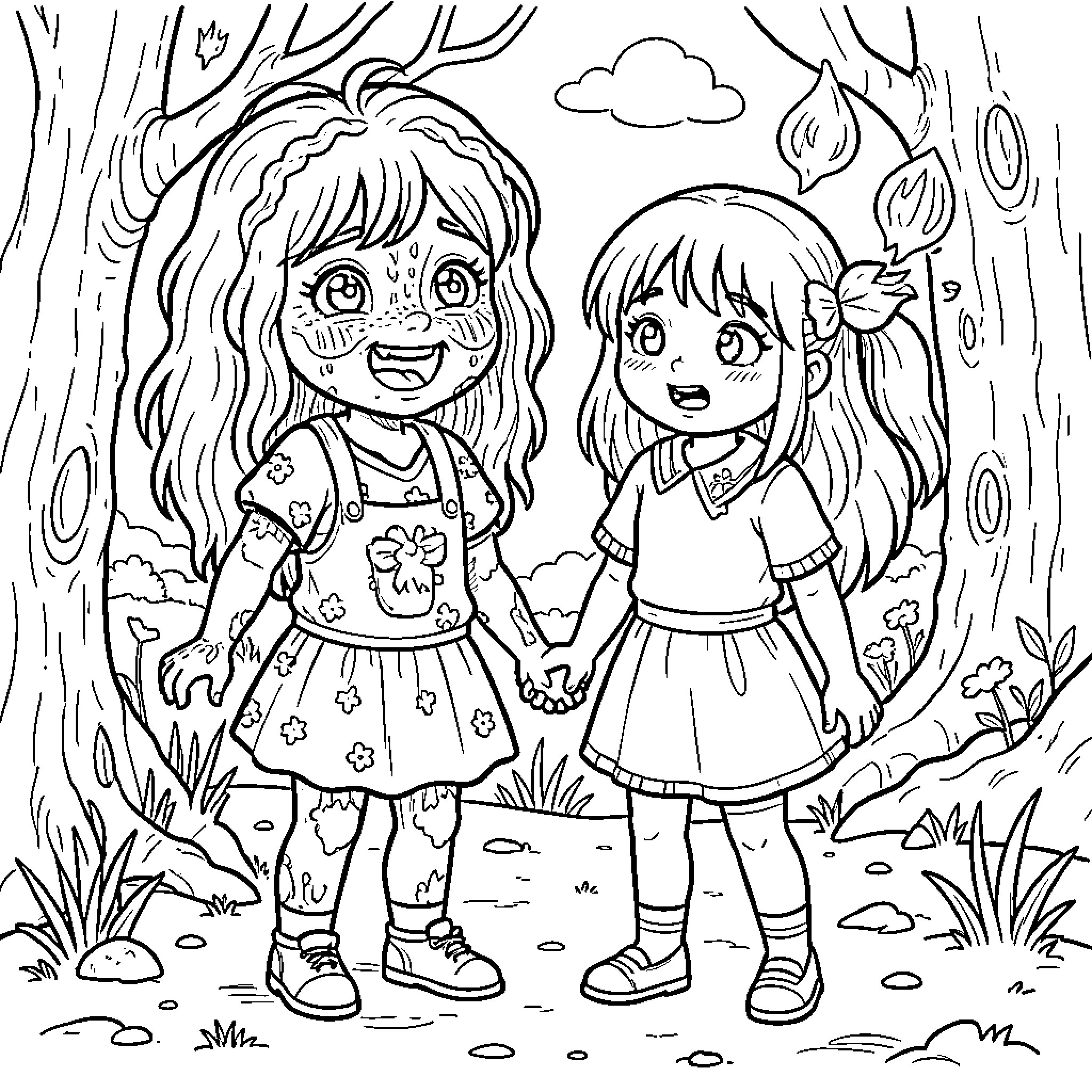 Sister's Outdoor Adventure in the Woods Coloring Page (free black-and-white line drawing printable PDF for all, from beginners to advanced learners, including children, teens, adults, and seniors)