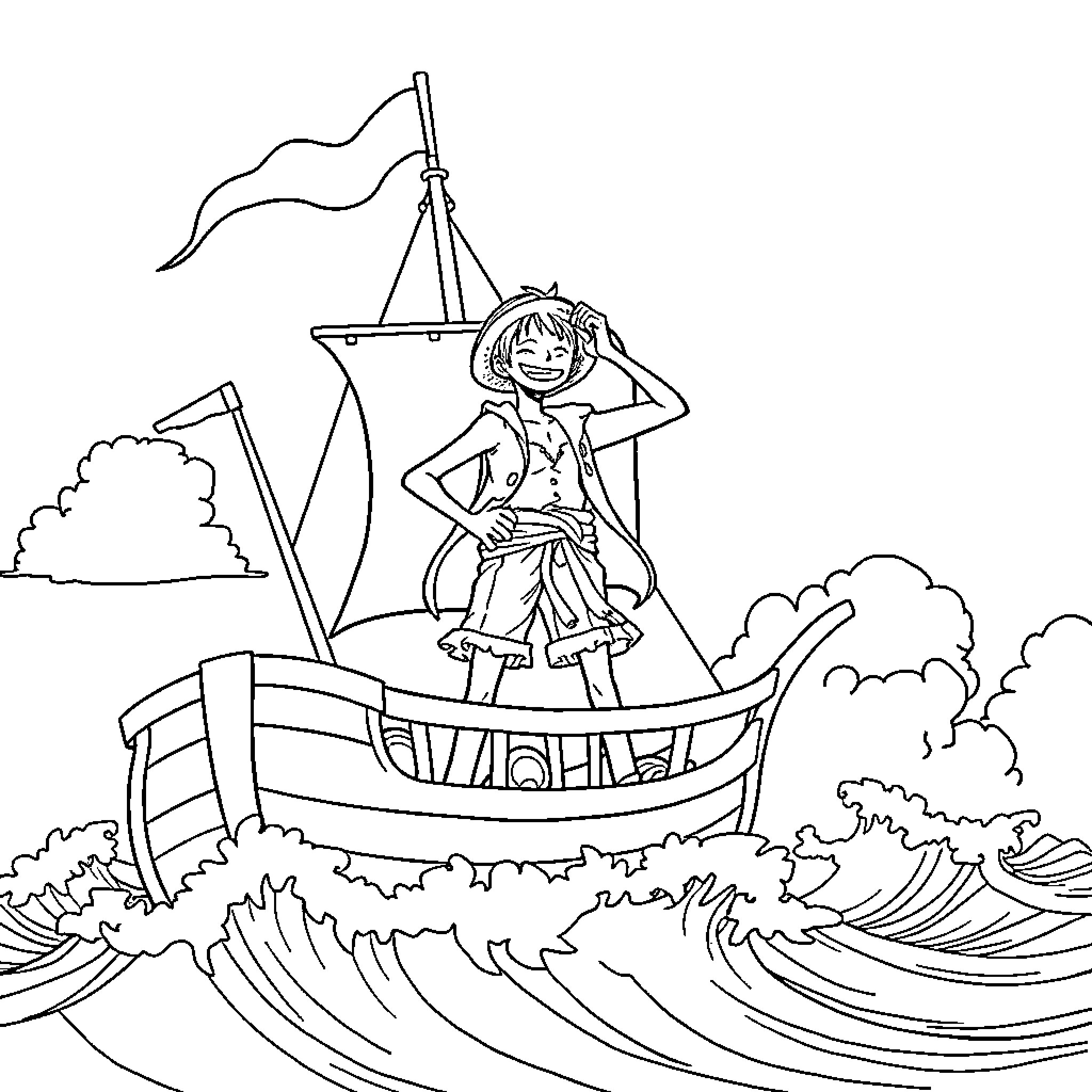 Monkey D Luffy sailing on a ship in the sea Coloring Page (free black-and-white line drawing printable PDF for all, from beginners to advanced learners, including children, teens, adults, and seniors)
