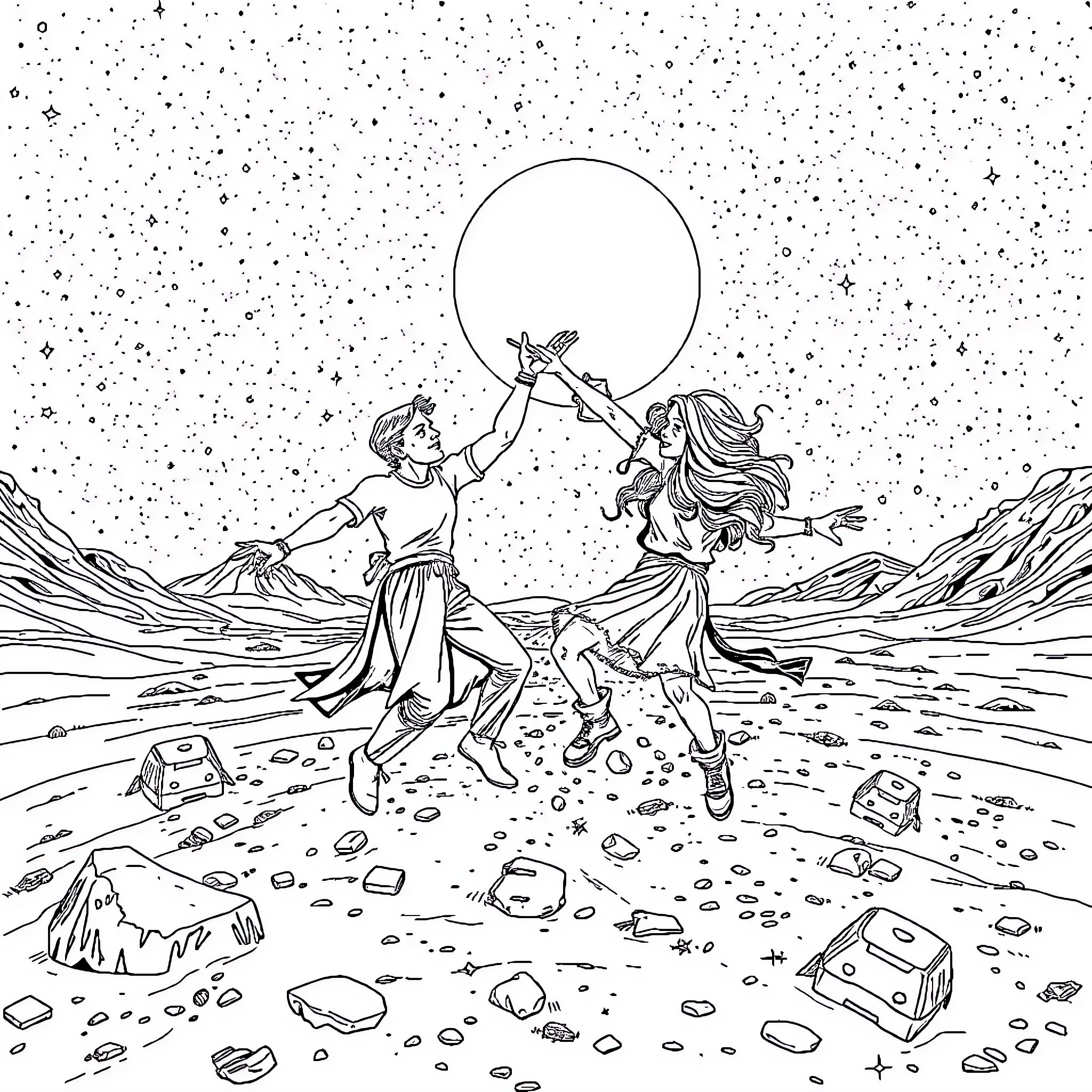 Juice World: Two figures dancing under the moon Coloring Page (free black-and-white line drawing printable PDF for all, from beginners to advanced learners, including children, teens, adults, and seniors)