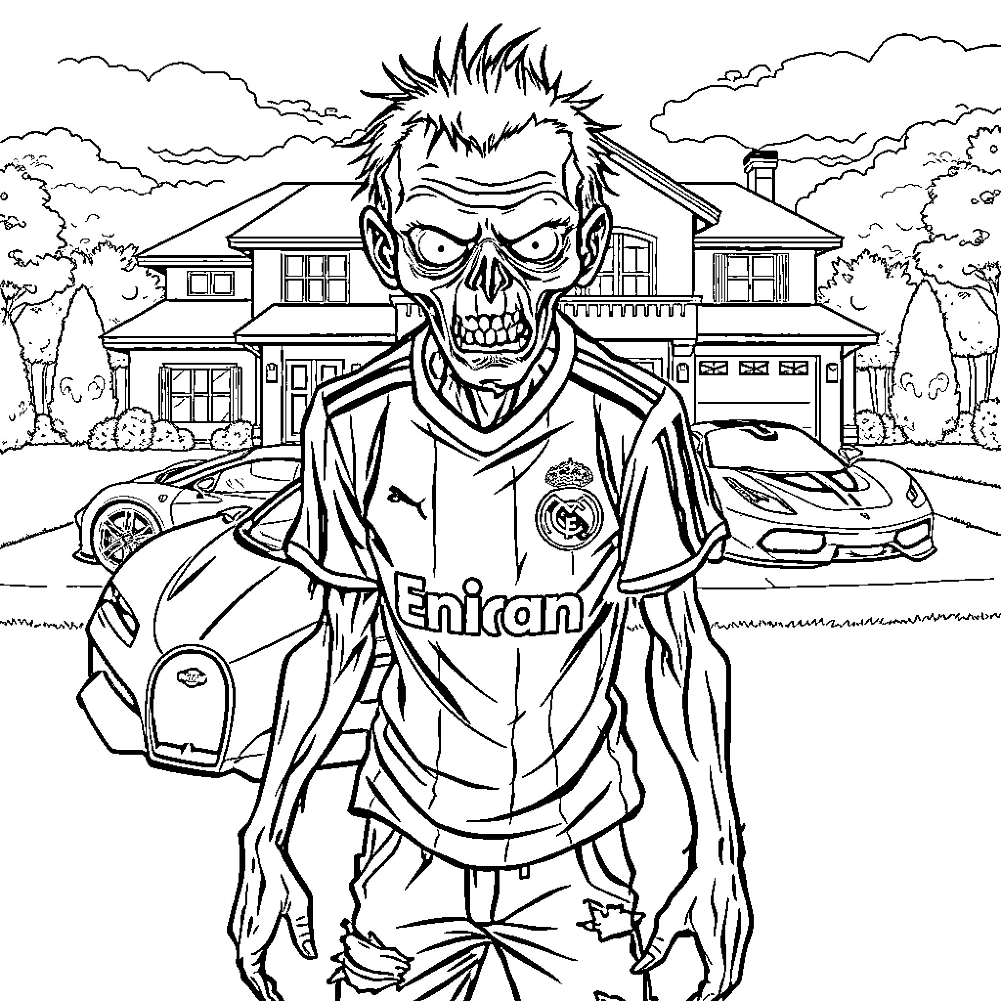 Zombie Soccer Player Terrorizing Neighborhood Coloring Page (free black-and-white line drawing printable PDF for all, from beginners to advanced learners, including children, teens, adults, and seniors)