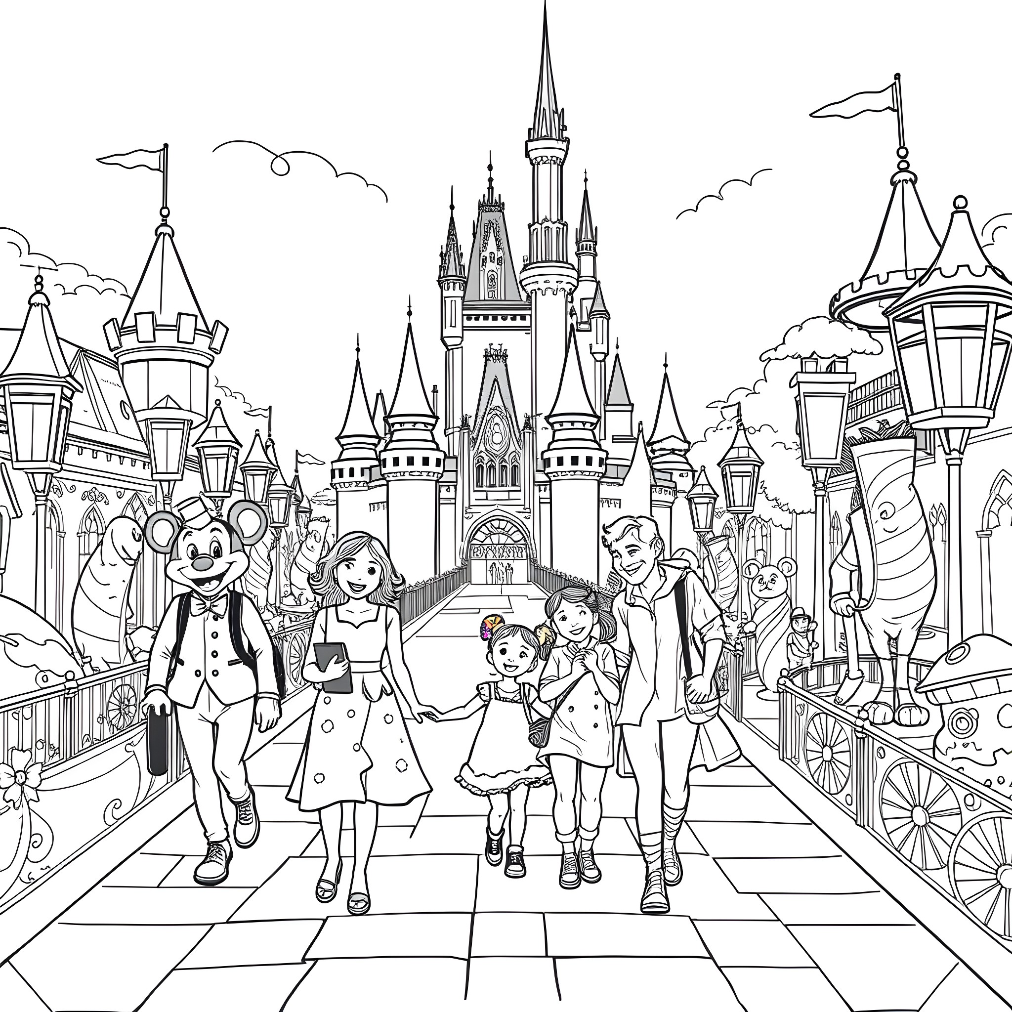 Family Enjoying a Day at the Enchanting Castle Coloring Page (free black-and-white line drawing printable PDF for all, from beginners to advanced learners, including children, teens, adults, and seniors)