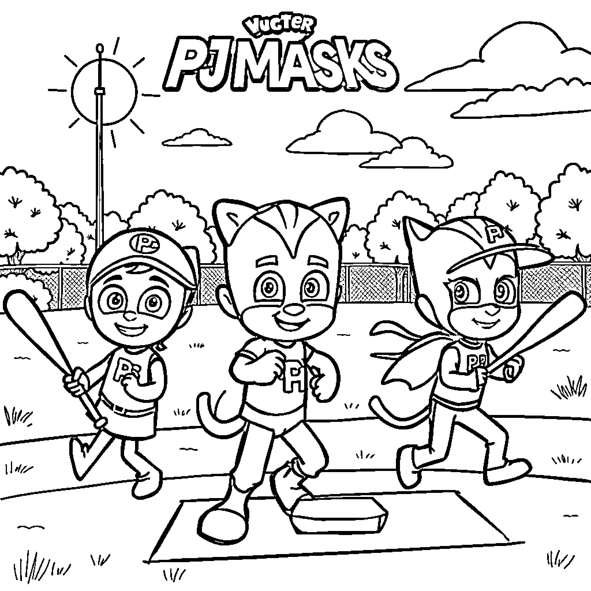 PJ Masks characters playing baseball in the park Coloring Page (free black-and-white line drawing printable PDF for all, from beginners to advanced learners, including children, teens, adults, and seniors)