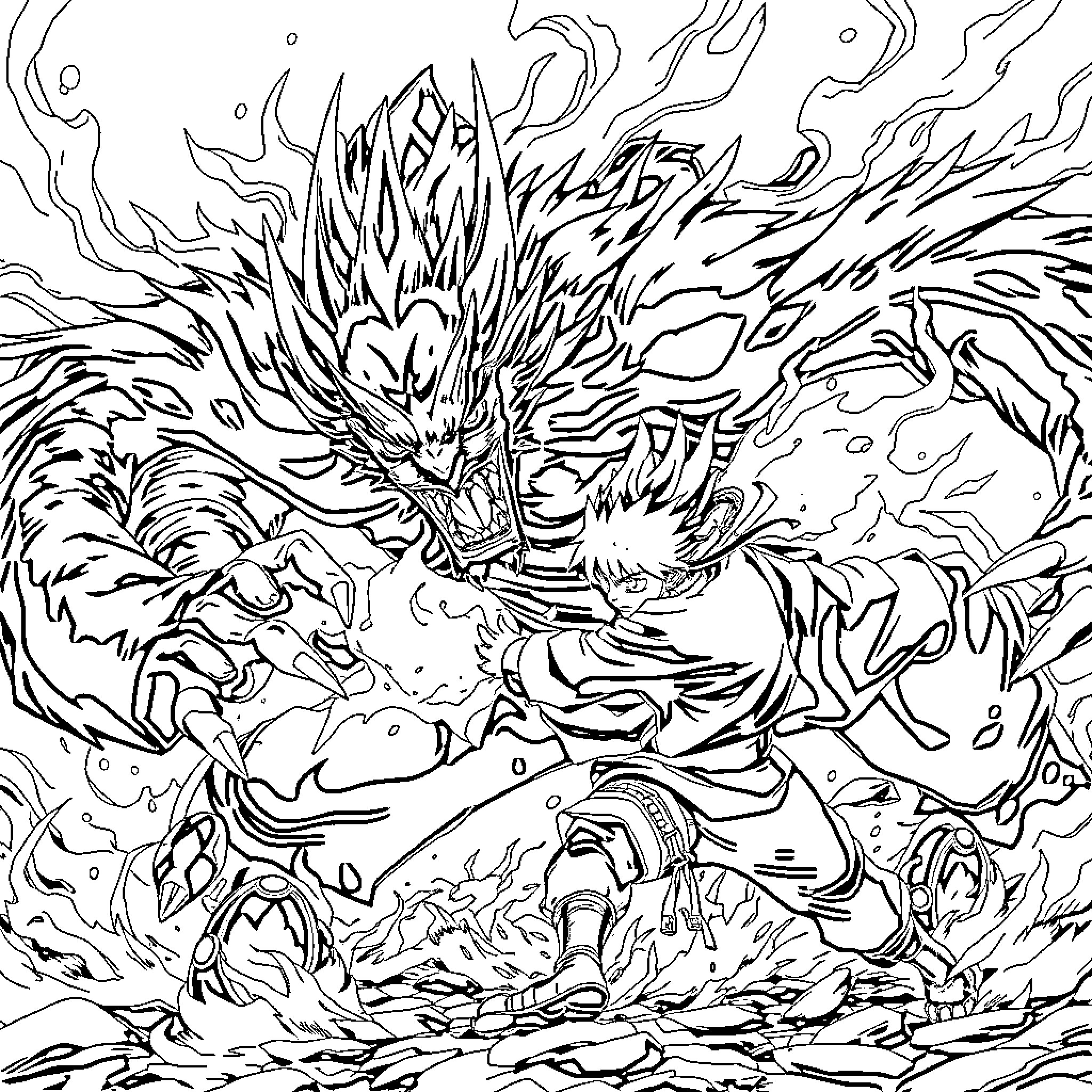 Kurama's Fearsome Power Unleashed Coloring Page (free black-and-white line drawing printable PDF for all, from beginners to advanced learners, including children, teens, adults, and seniors)