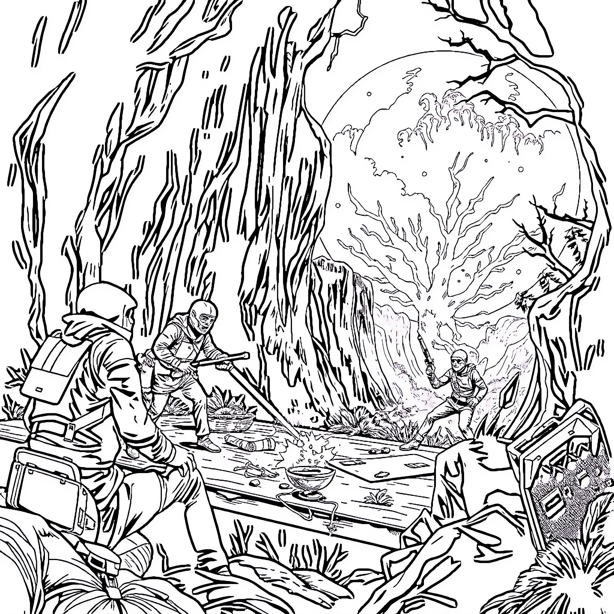 Squid Game: Tense Standoff in Mysterious Forest Coloring Page (free black-and-white line drawing printable PDF for all, from beginners to advanced learners, including children, teens, adults, and seniors)