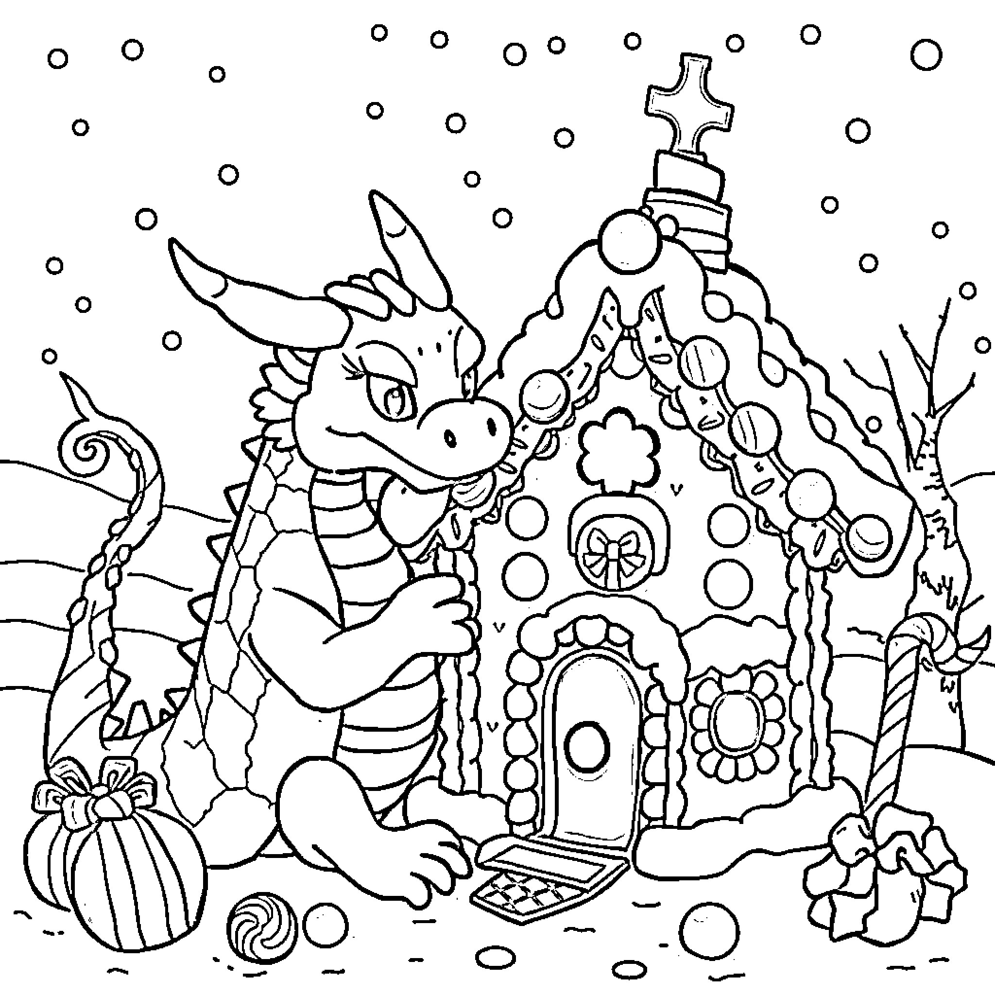 Weihnachtsdrache enjoying a cozy winter scene Coloring Page (free black-and-white line drawing printable PDF for all, from beginners to advanced learners, including children, teens, adults, and seniors)