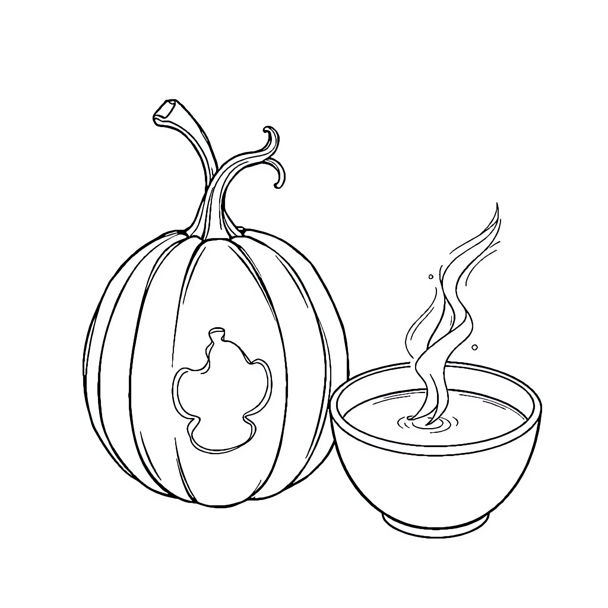 Citrouille carving and brewing tea Coloring Page (free black-and-white line drawing printable PDF for all, from beginners to advanced learners, including children, teens, adults, and seniors)