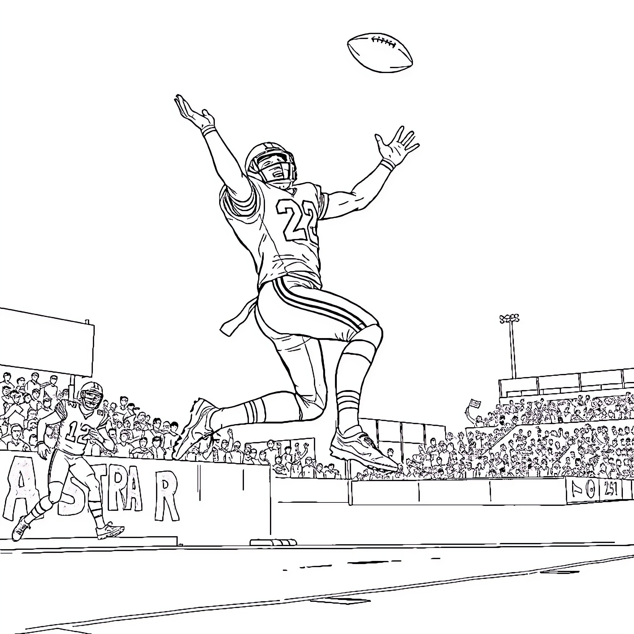 Trent McDuffie scoring touchdown in football game Coloring Page (free black-and-white line drawing printable PDF for all, from beginners to advanced learners, including children, teens, adults, and seniors)
