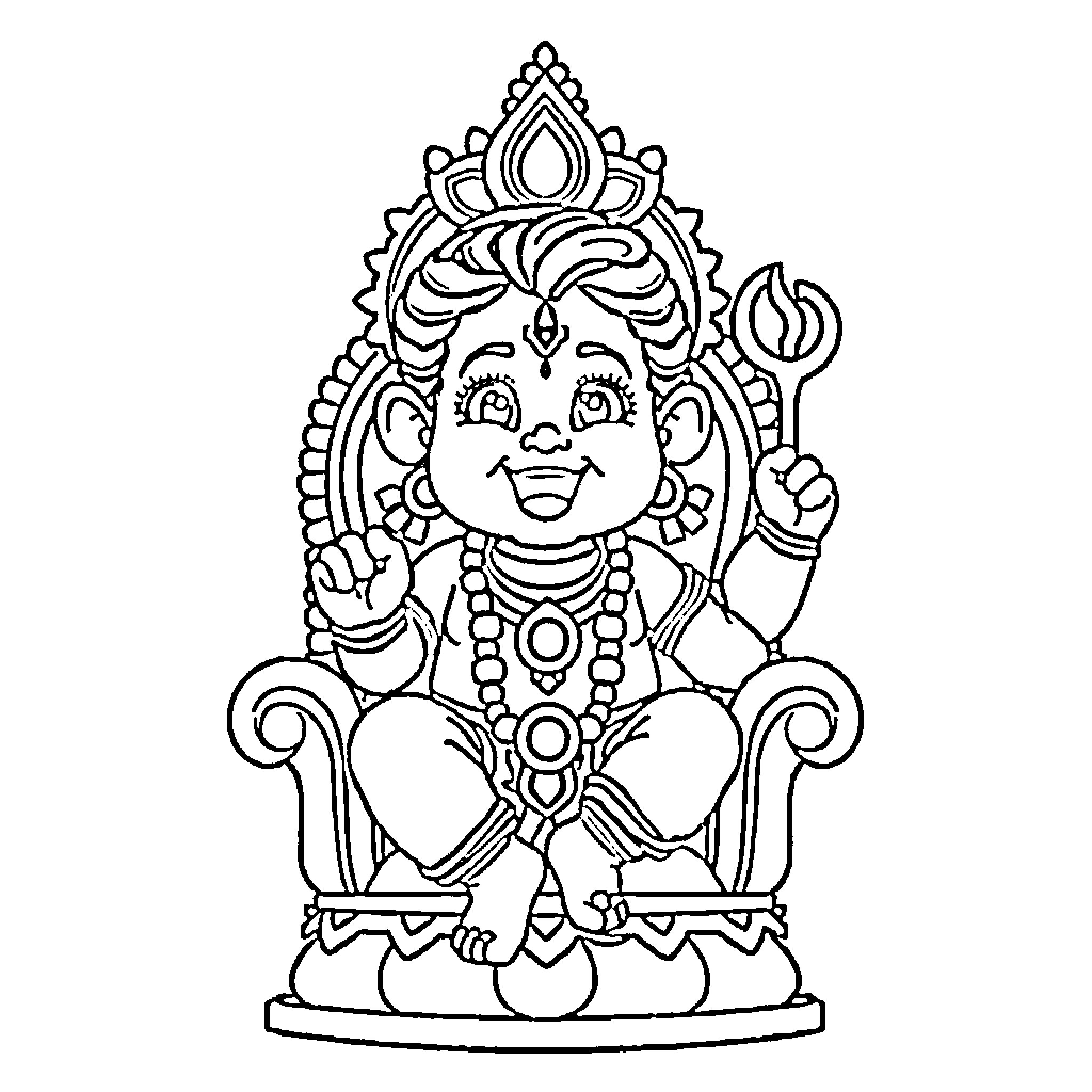 Murugan the Jovial Deity in Ornate Attire Coloring Page (free black-and-white line drawing printable PDF for all, from beginners to advanced learners, including children, teens, adults, and seniors)