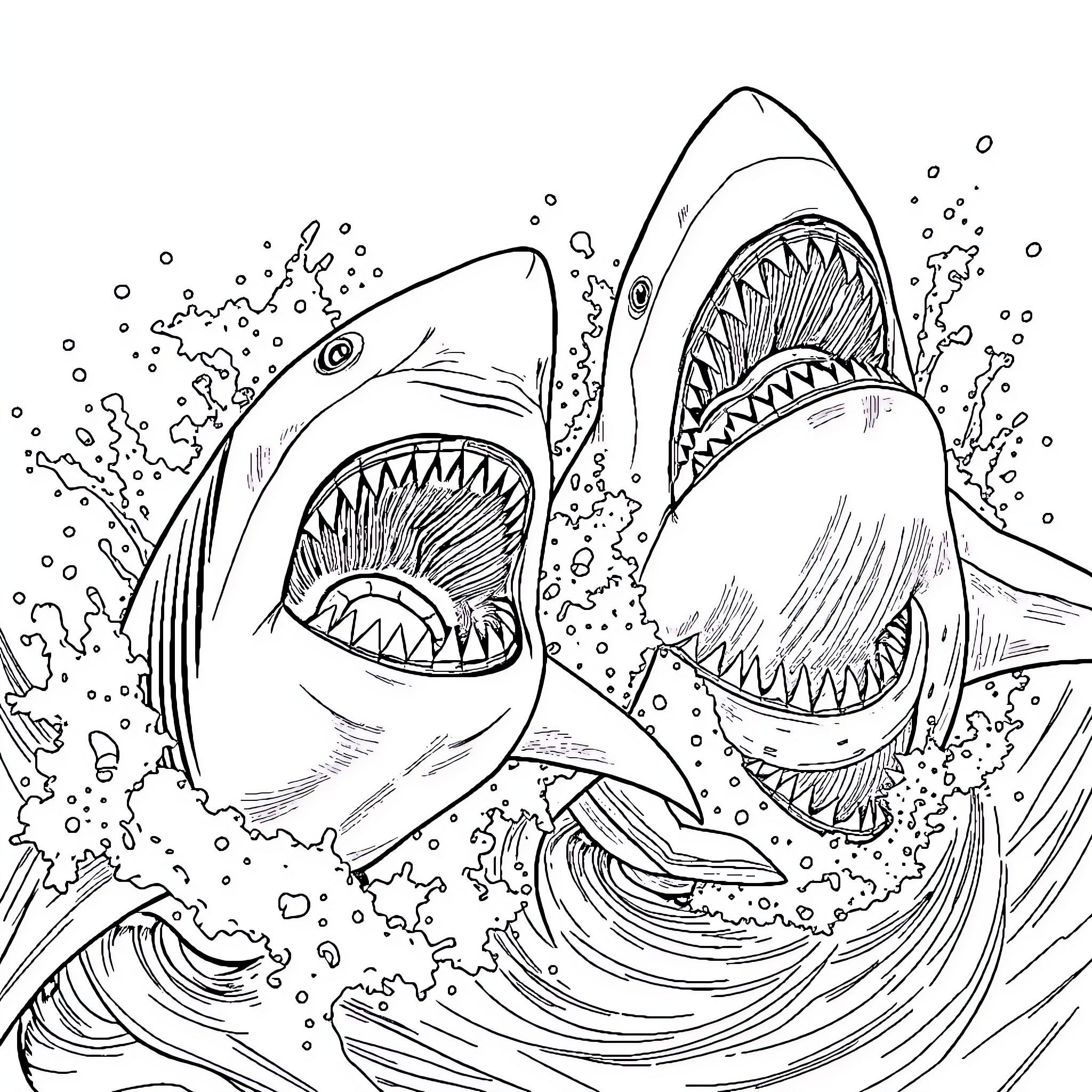 Shark attack in the ocean Coloring Page (free black-and-white line drawing printable PDF for all, from beginners to advanced learners, including children, teens, adults, and seniors)