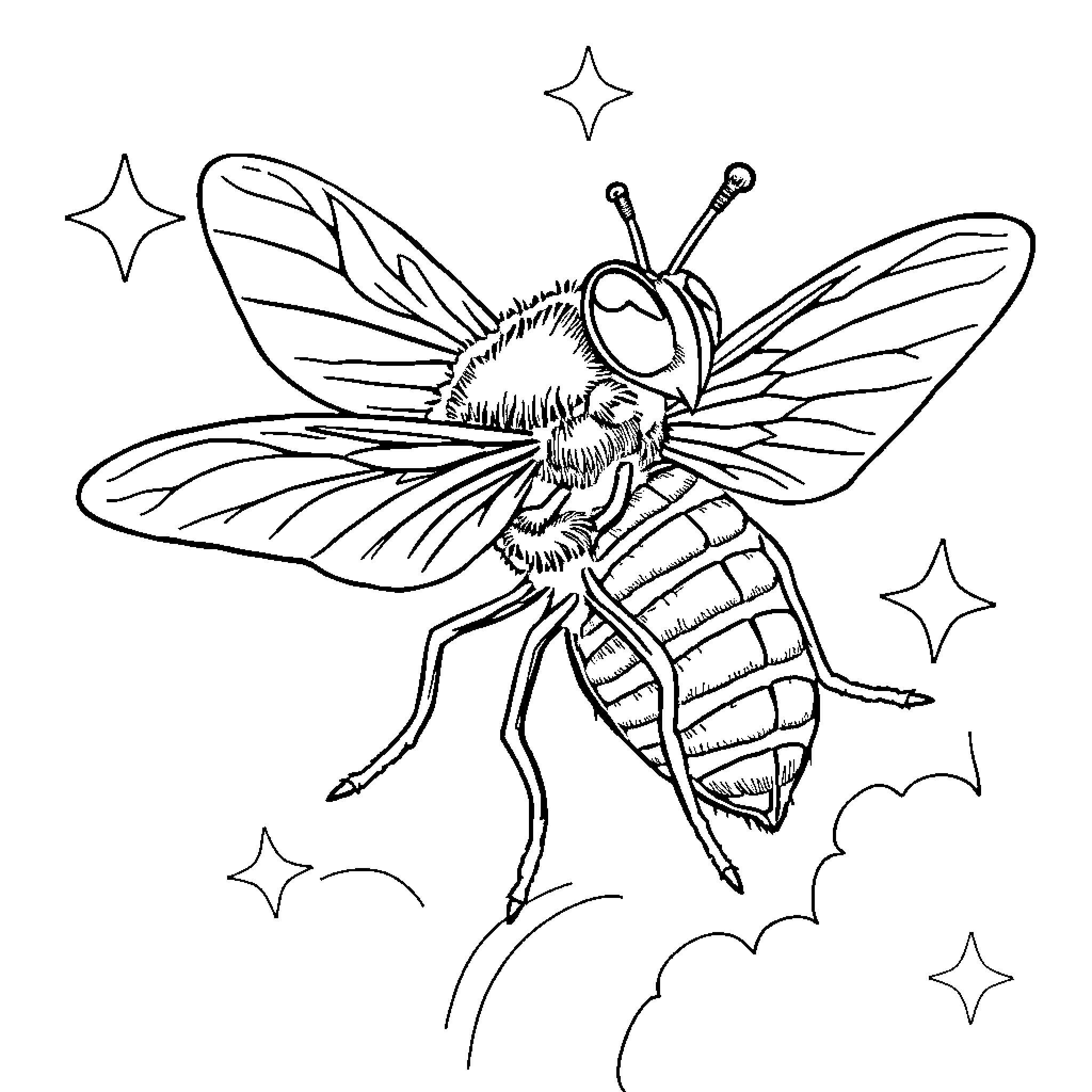 Trombone-wielding insect performs amidst twinkling stars Coloring Page (free black-and-white line drawing printable PDF for all, from beginners to advanced learners, including children, teens, adults, and seniors)