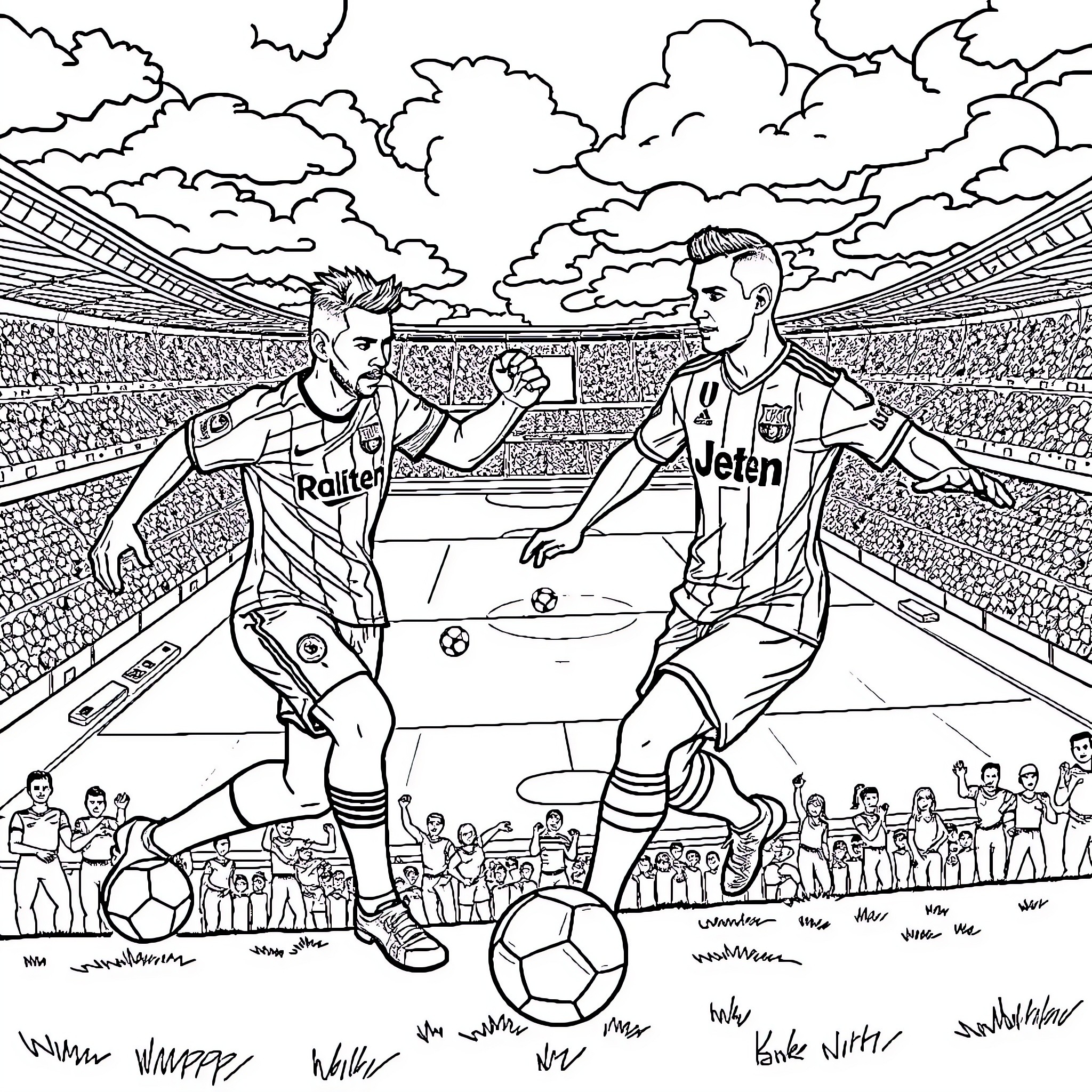 Soccer Players Competing on the Field Coloring Page (free black-and-white line drawing printable PDF for all, from beginners to advanced learners, including children, teens, adults, and seniors)