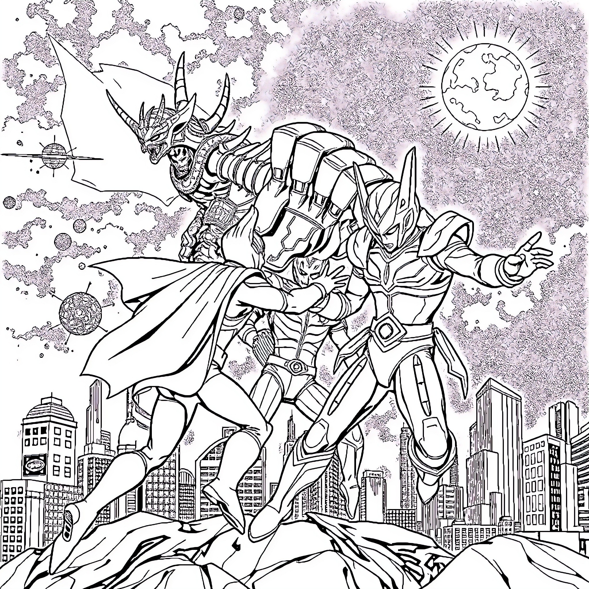 Ultraman battling a monstrous foe in the city Coloring Page (free black-and-white line drawing printable PDF for all, from beginners to advanced learners, including children, teens, adults, and seniors)