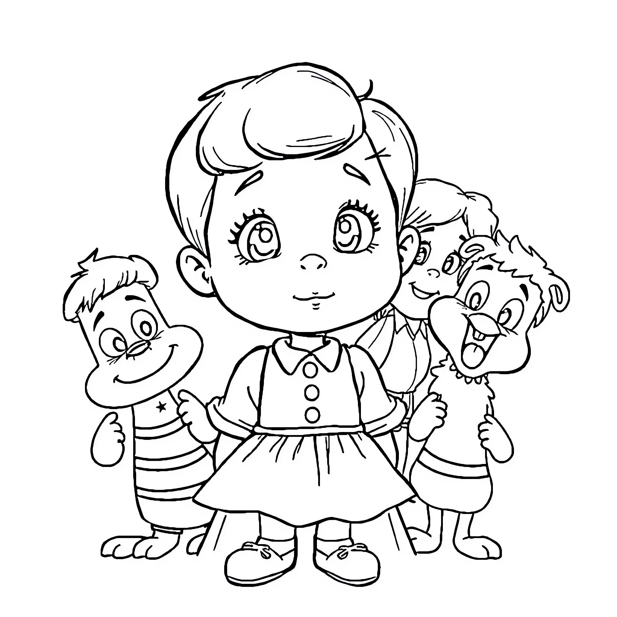 Mafalda and her cartoon friends Coloring Page (free black-and-white line drawing printable PDF for all, from beginners to advanced learners, including children, teens, adults, and seniors)