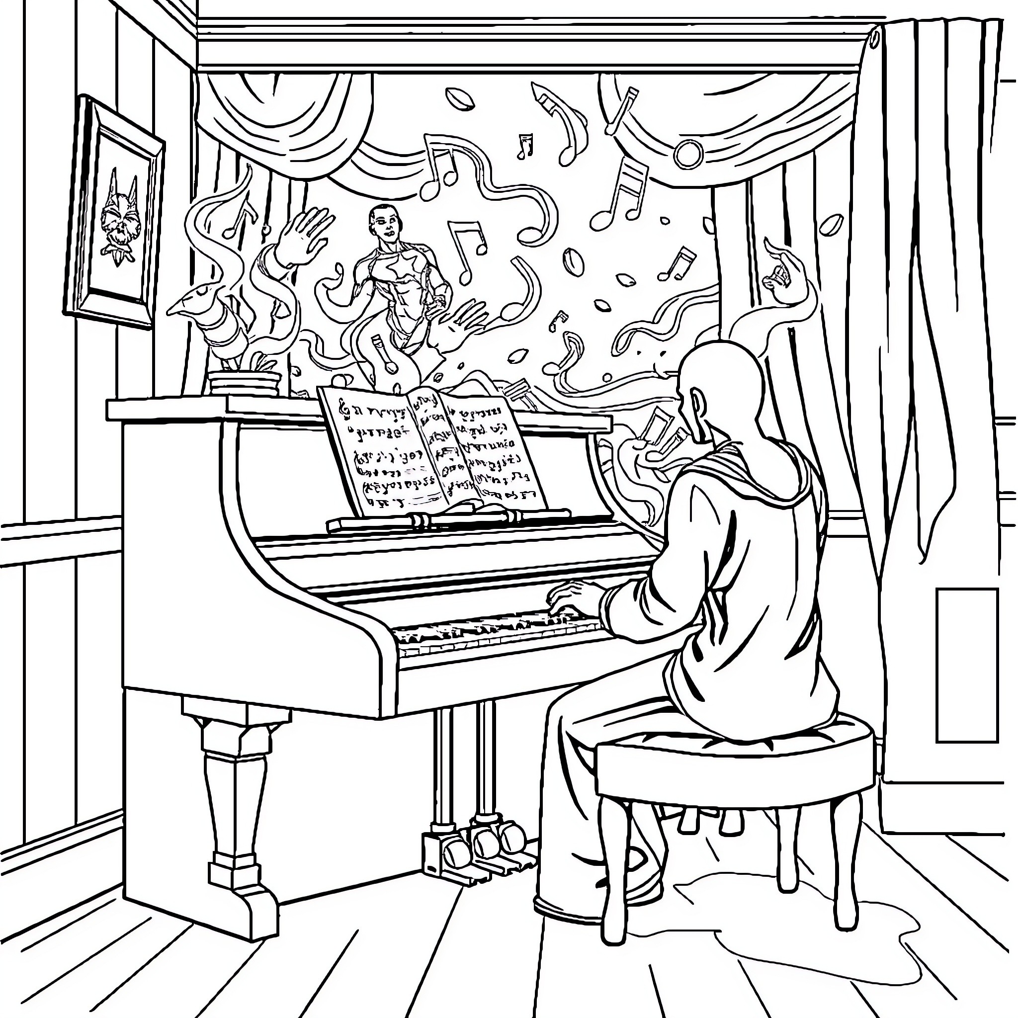 Piano performance with dancing figures Coloring Page (free black-and-white line drawing printable PDF for all, from beginners to advanced learners, including children, teens, adults, and seniors)