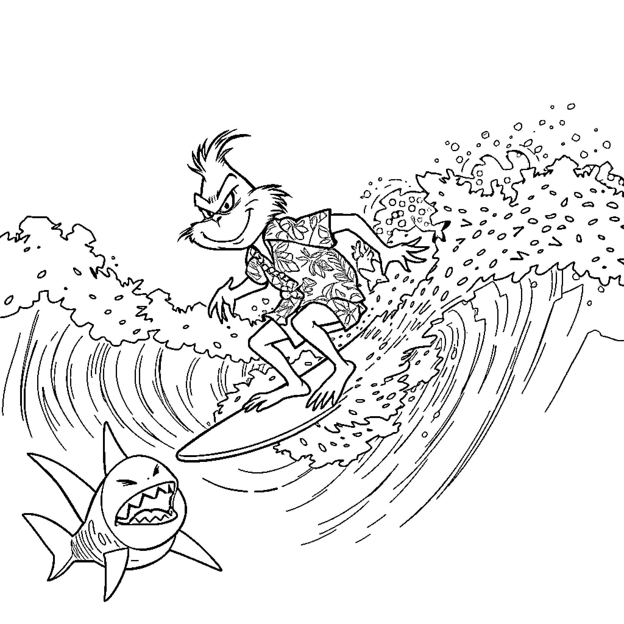 Grinch surfing with sharks in the ocean Coloring Page (free black-and-white line drawing printable PDF for all, from beginners to advanced learners, including children, teens, adults, and seniors)