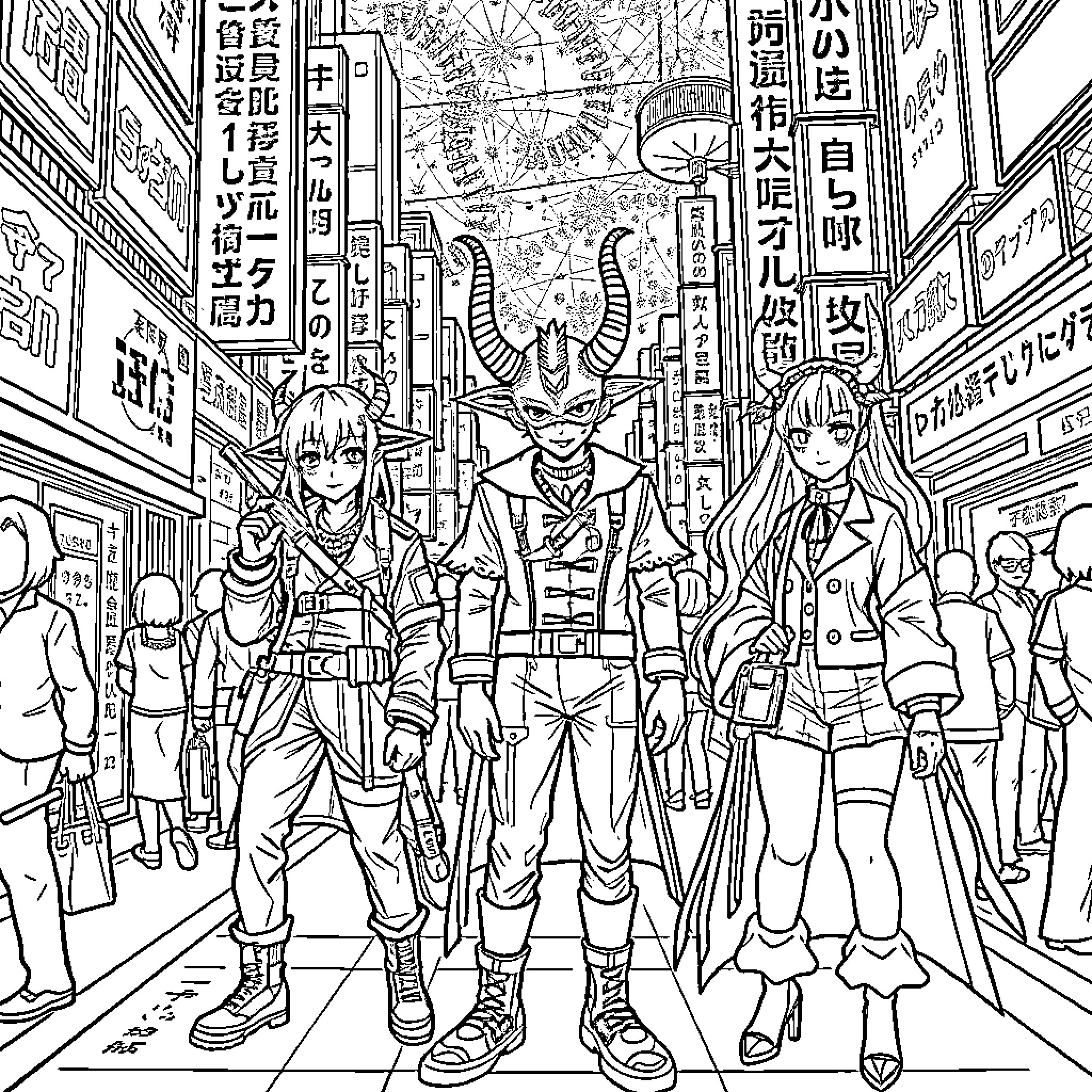 Demon Hunter Confronts Demonic Forces in Dystopian City Coloring Page (free black-and-white line drawing printable PDF for all, from beginners to advanced learners, including children, teens, adults, and seniors)