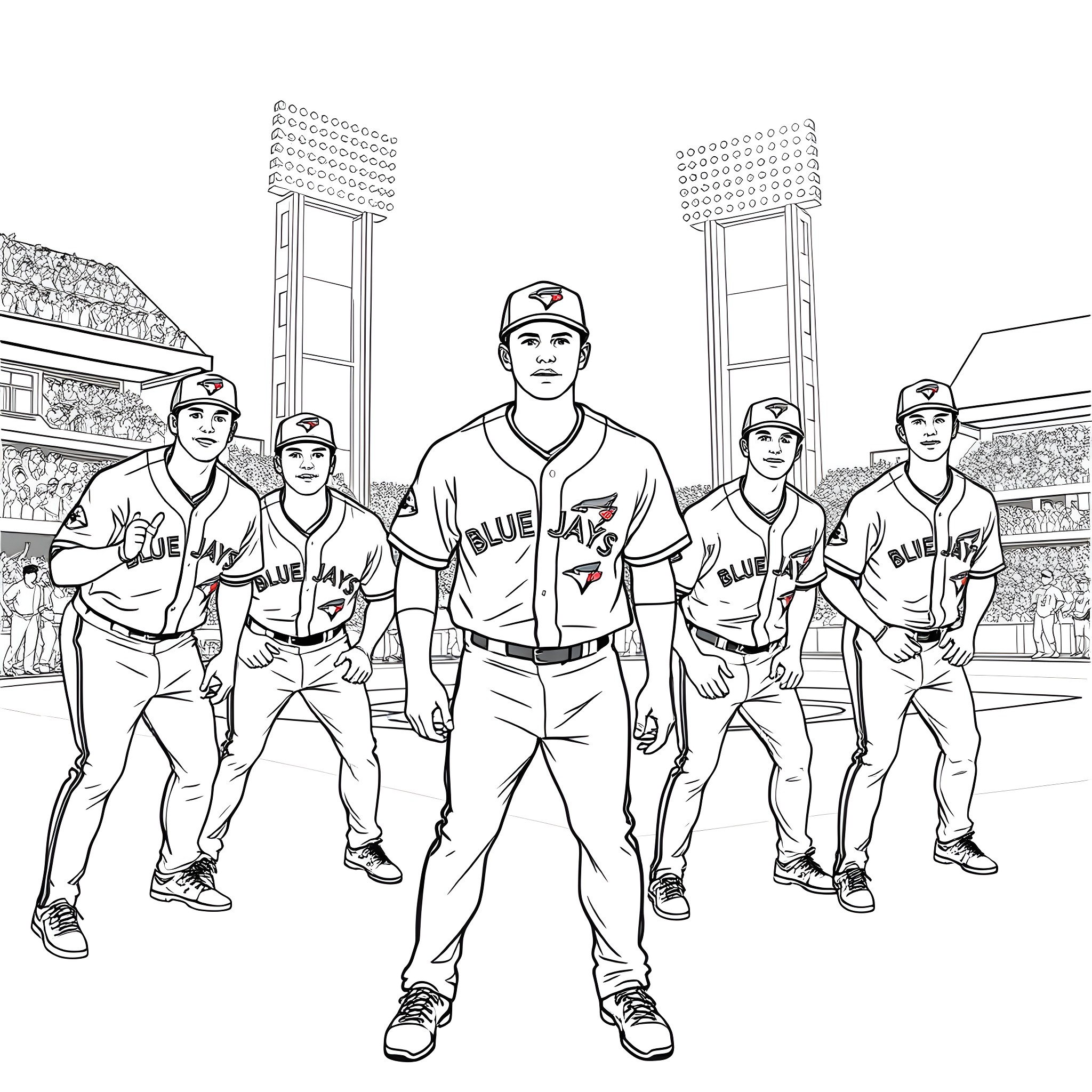 Baseball Players in Action on the Field Coloring Page (free black-and-white line drawing printable PDF for all, from beginners to advanced learners, including children, teens, adults, and seniors)