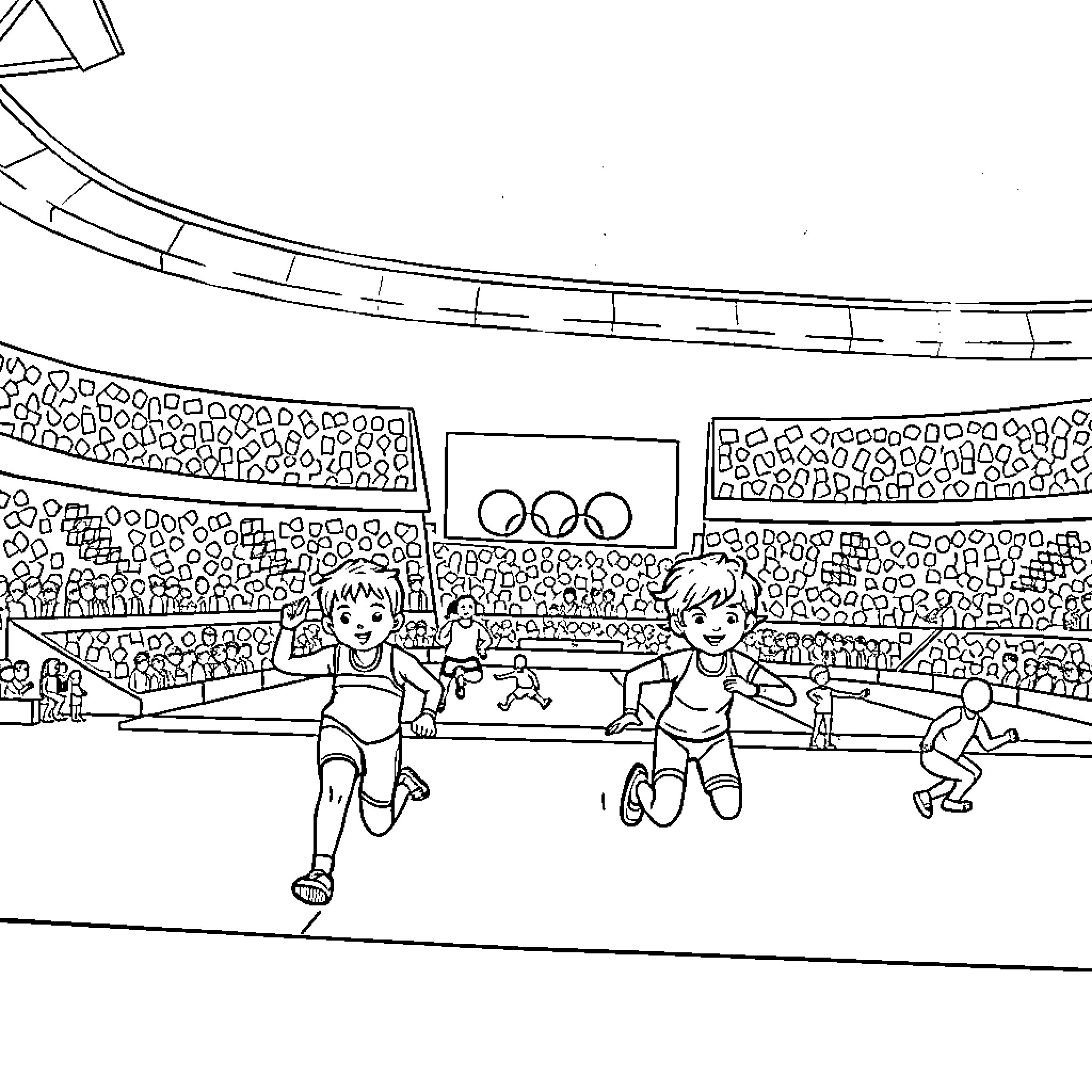 Olympics athletes competing in stadium Coloring Page (free black-and-white line drawing printable PDF for all, from beginners to advanced learners, including children, teens, adults, and seniors)