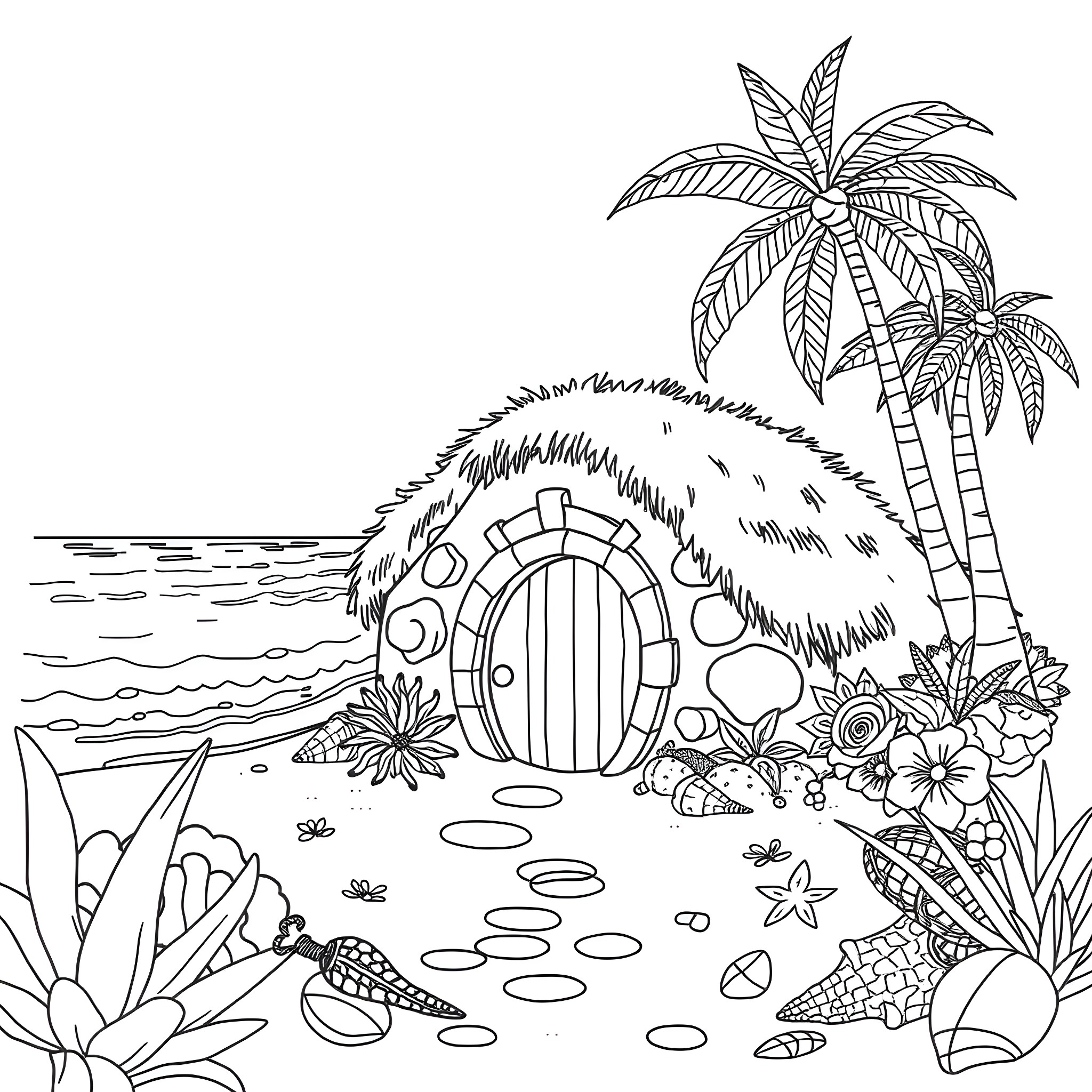 Hobbit Hole surrounded by tropical plants and sea creatures Coloring Page (free black-and-white line drawing printable PDF for all, from beginners to advanced learners, including children, teens, adults, and seniors)