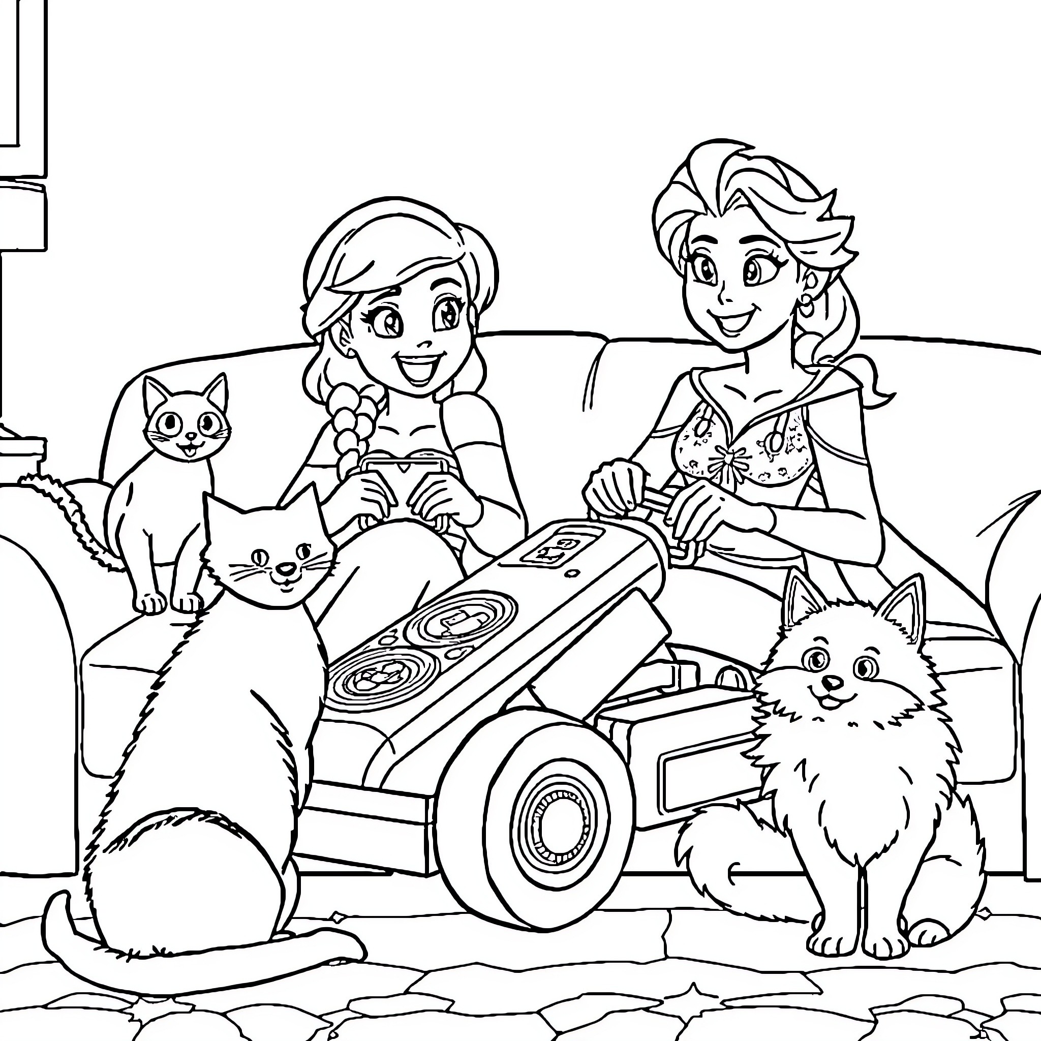 Ariel and Elsa explore a cozy home with their animal companions Coloring Page (free black-and-white line drawing printable PDF for all, from beginners to advanced learners, including children, teens, adults, and seniors)
