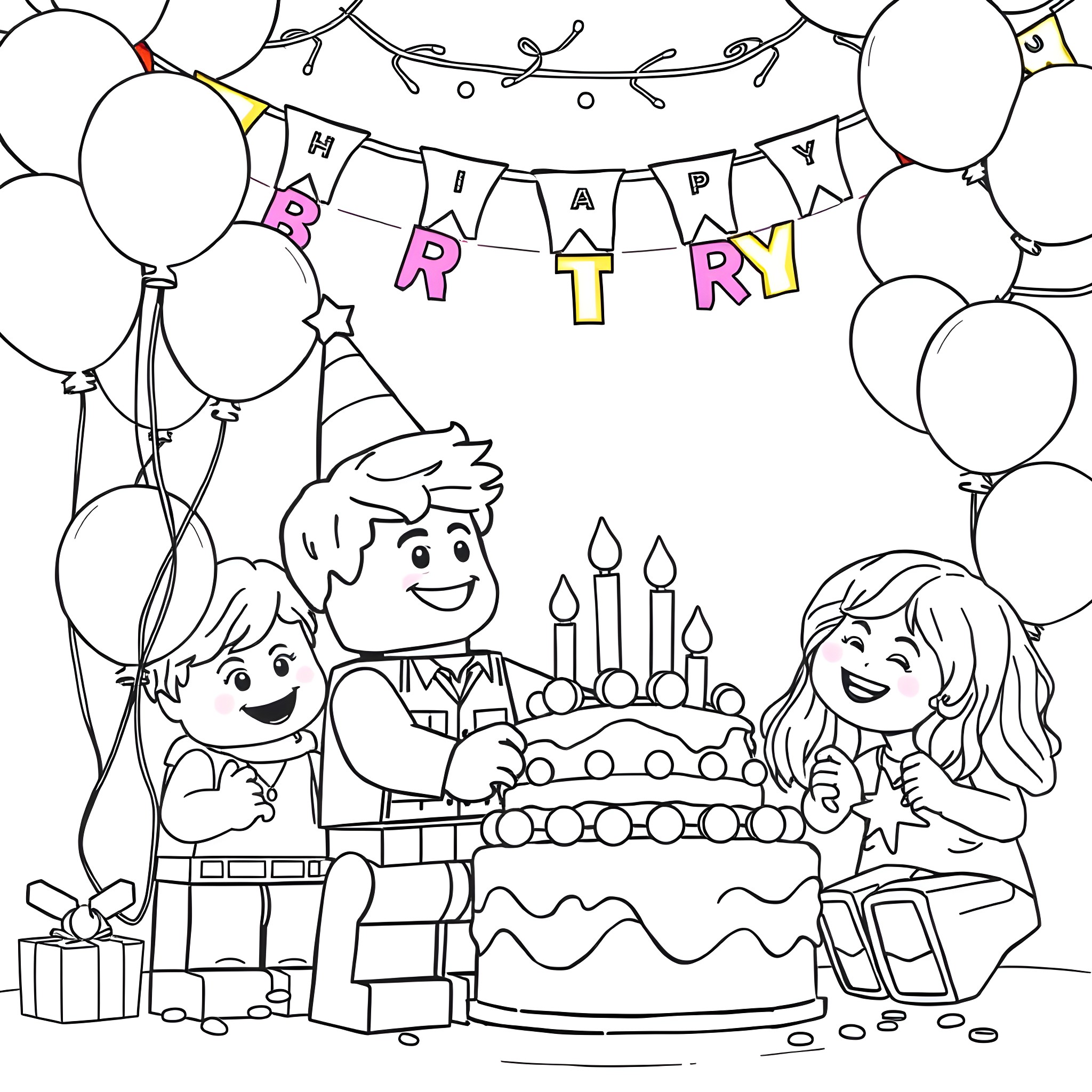 Emmett's Lively Birthday Celebration Coloring Page (free black-and-white line drawing printable PDF for all, from beginners to advanced learners, including children, teens, adults, and seniors)