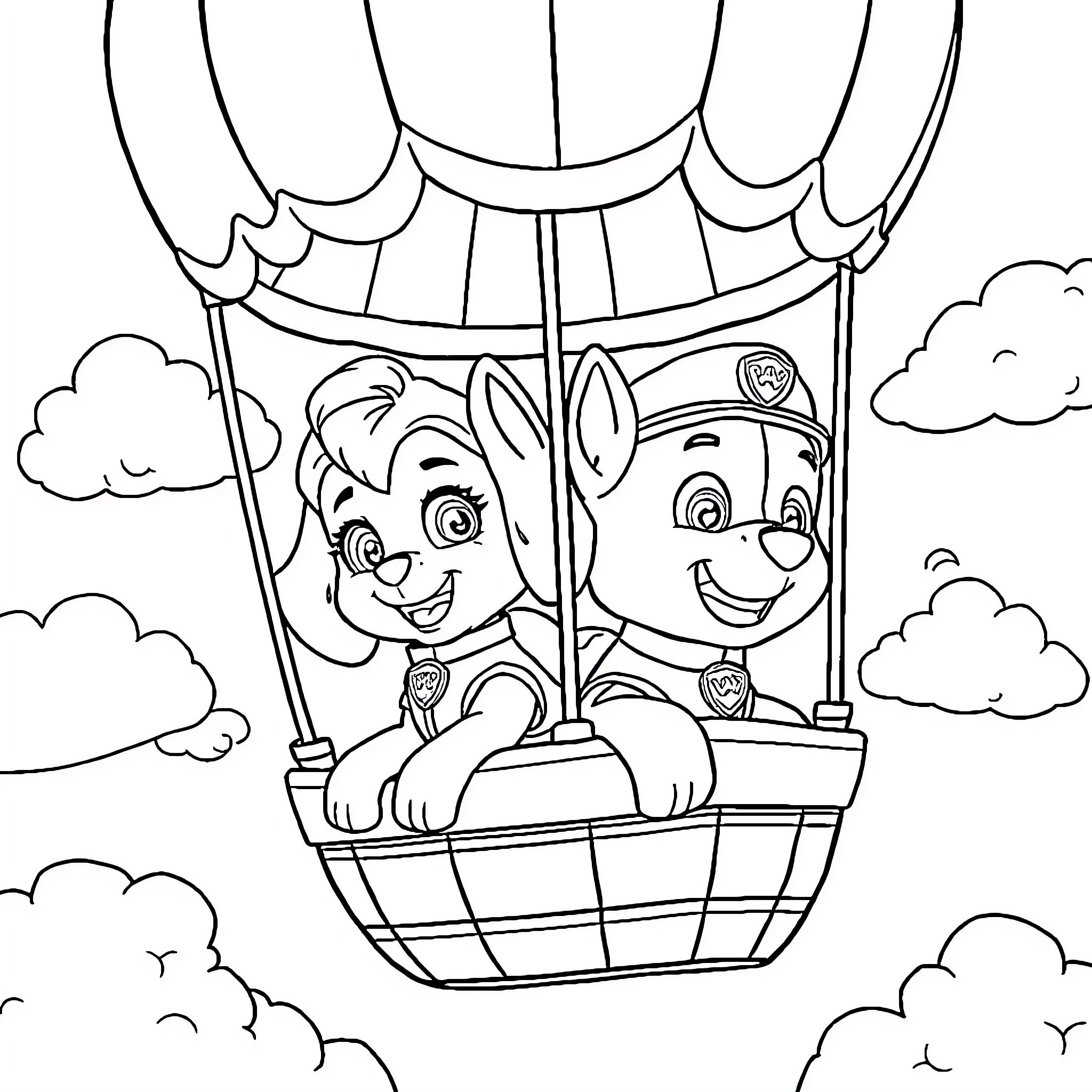 Paw Patrol pups in hot air balloon adventure Coloring Page (free black-and-white line drawing printable PDF for all, from beginners to advanced learners, including children, teens, adults, and seniors)