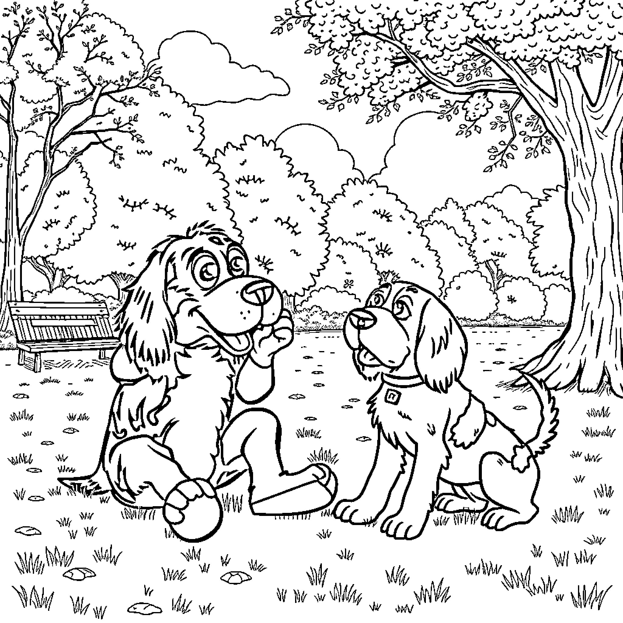 Clumber Spaniel friends playing joyfully in the park Coloring Page (free black-and-white line drawing printable PDF for all, from beginners to advanced learners, including children, teens, adults, and seniors)