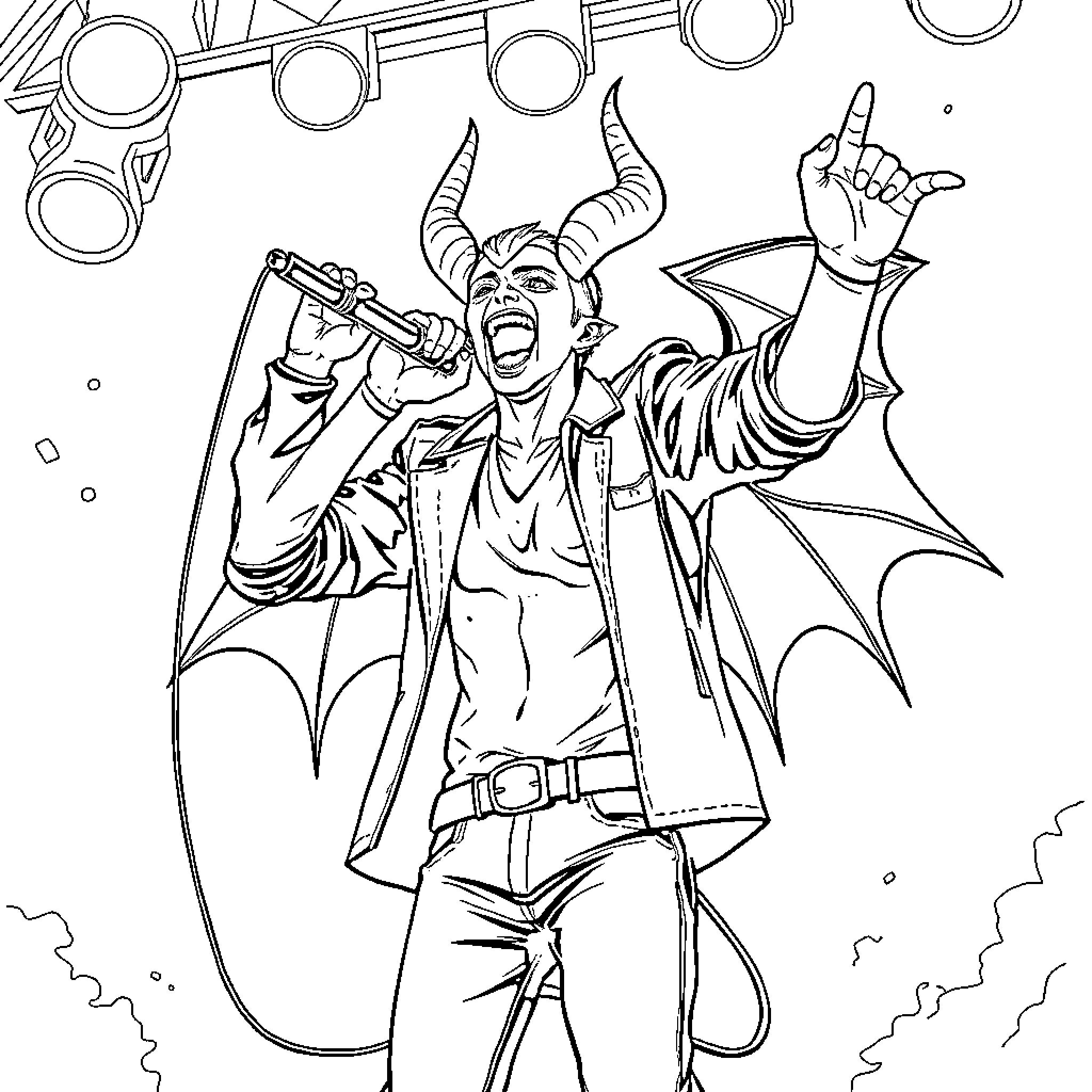 Kpop Demon Hunter Rocking the Stage with Fierce Intensity Coloring Page (free black-and-white line drawing printable PDF for all, from beginners to advanced learners, including children, teens, adults, and seniors)
