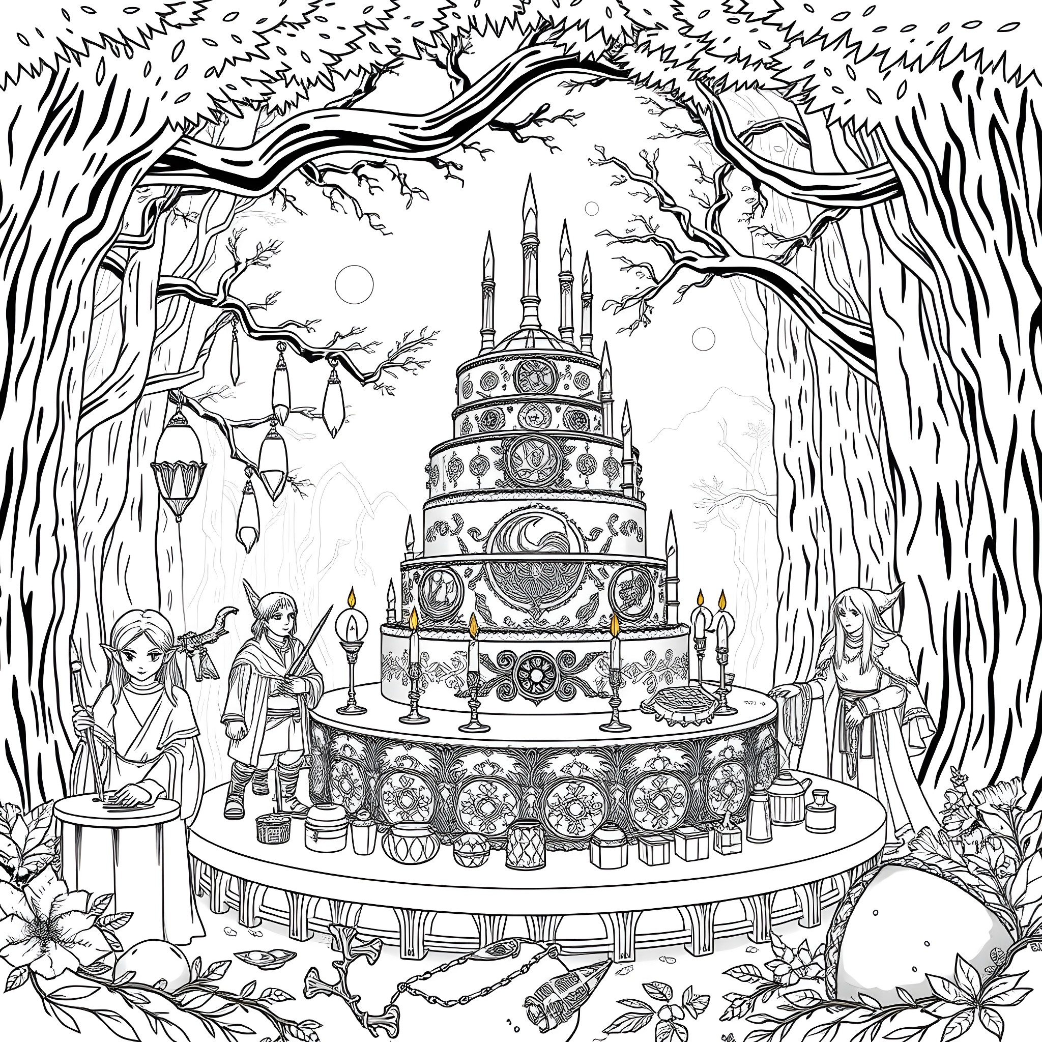 Lord of the Rings: Enchanted Feast in the Elven Forest Coloring Page (free black-and-white line drawing printable PDF for all, from beginners to advanced learners, including children, teens, adults, and seniors)