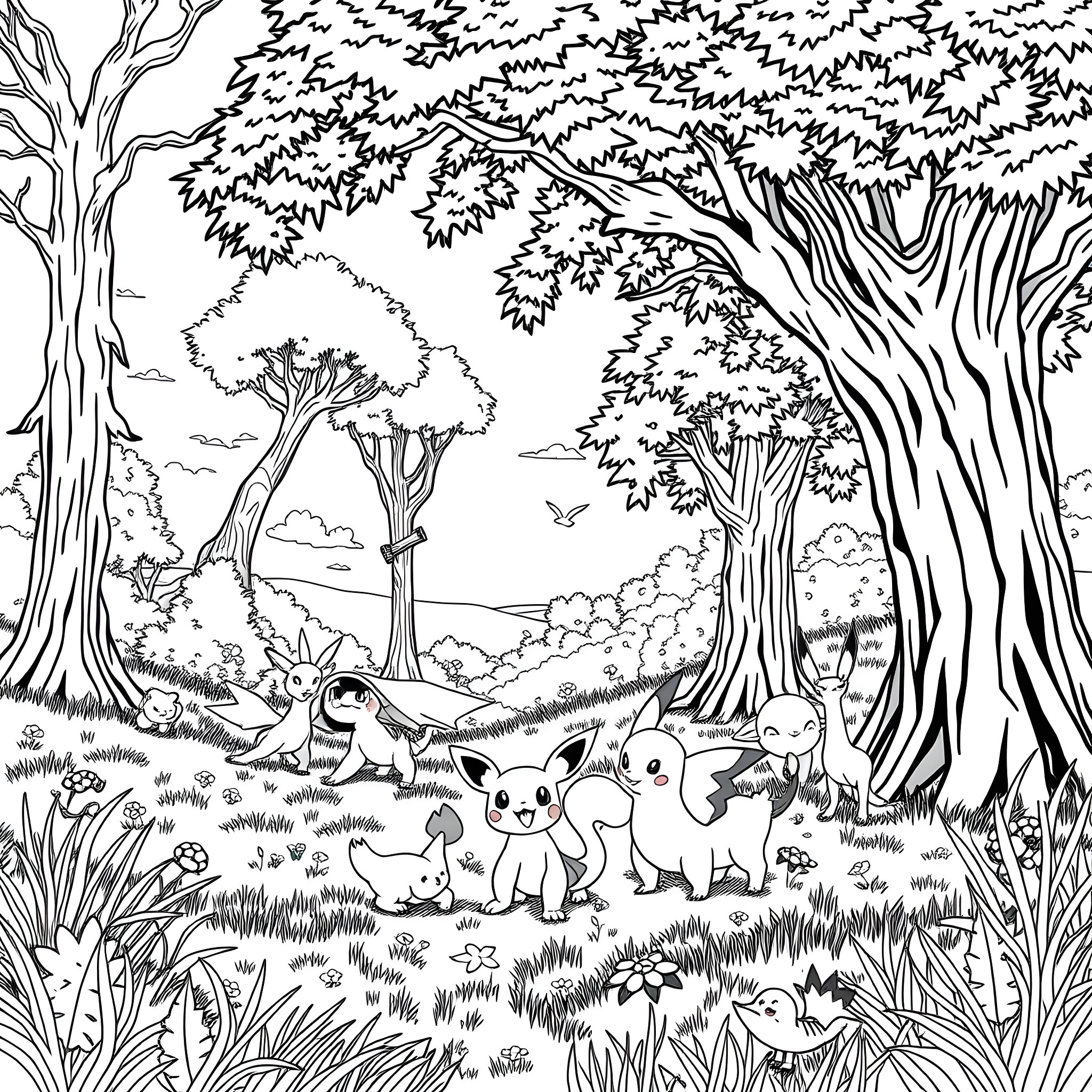 Pokémon characters exploring the serene forest landscape Coloring Page (free black-and-white line drawing printable PDF for all, from beginners to advanced learners, including children, teens, adults, and seniors)