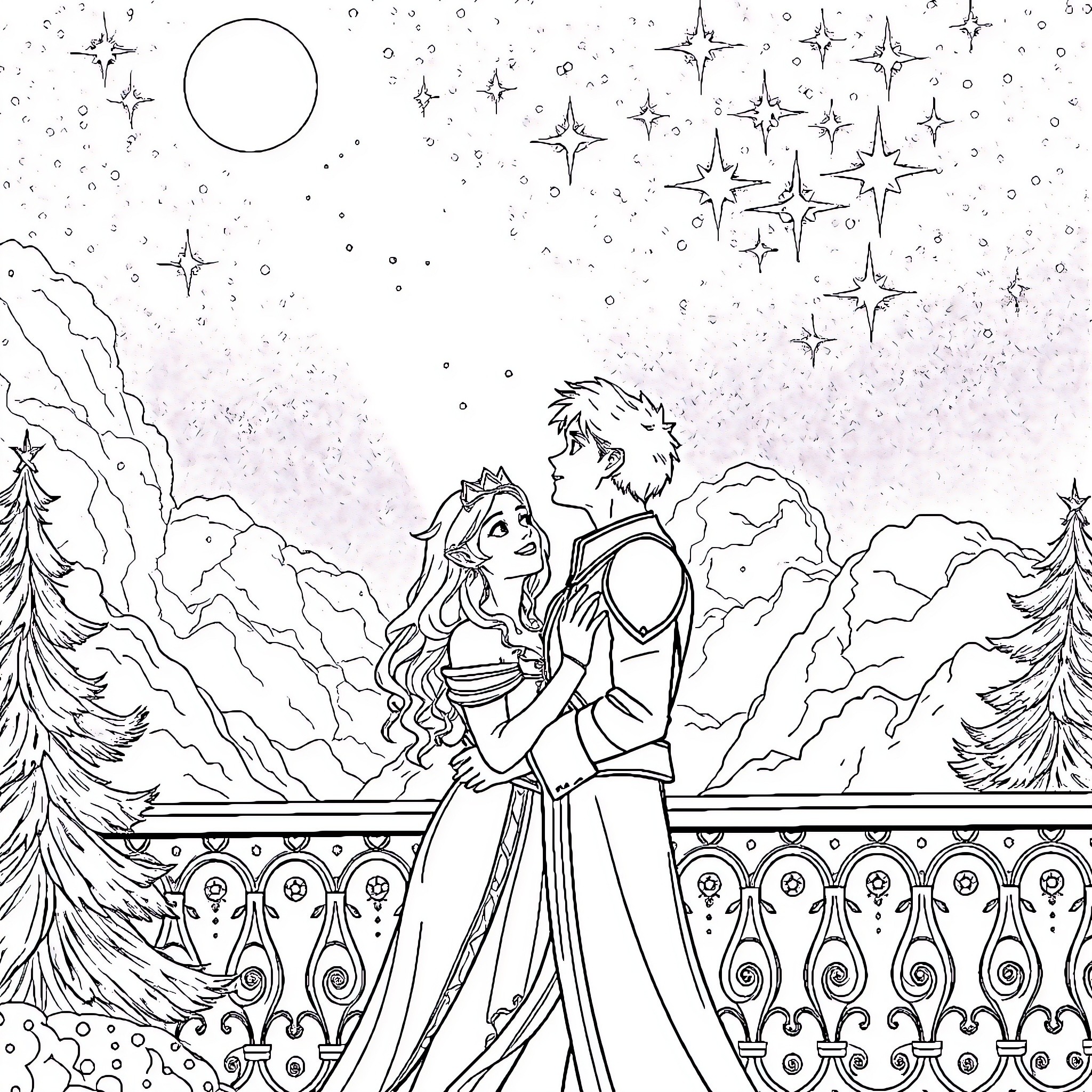 Rhys and Feyre enjoying a romantic moment under the starry night sky Coloring Page (free black-and-white line drawing printable PDF for all, from beginners to advanced learners, including children, teens, adults, and seniors)