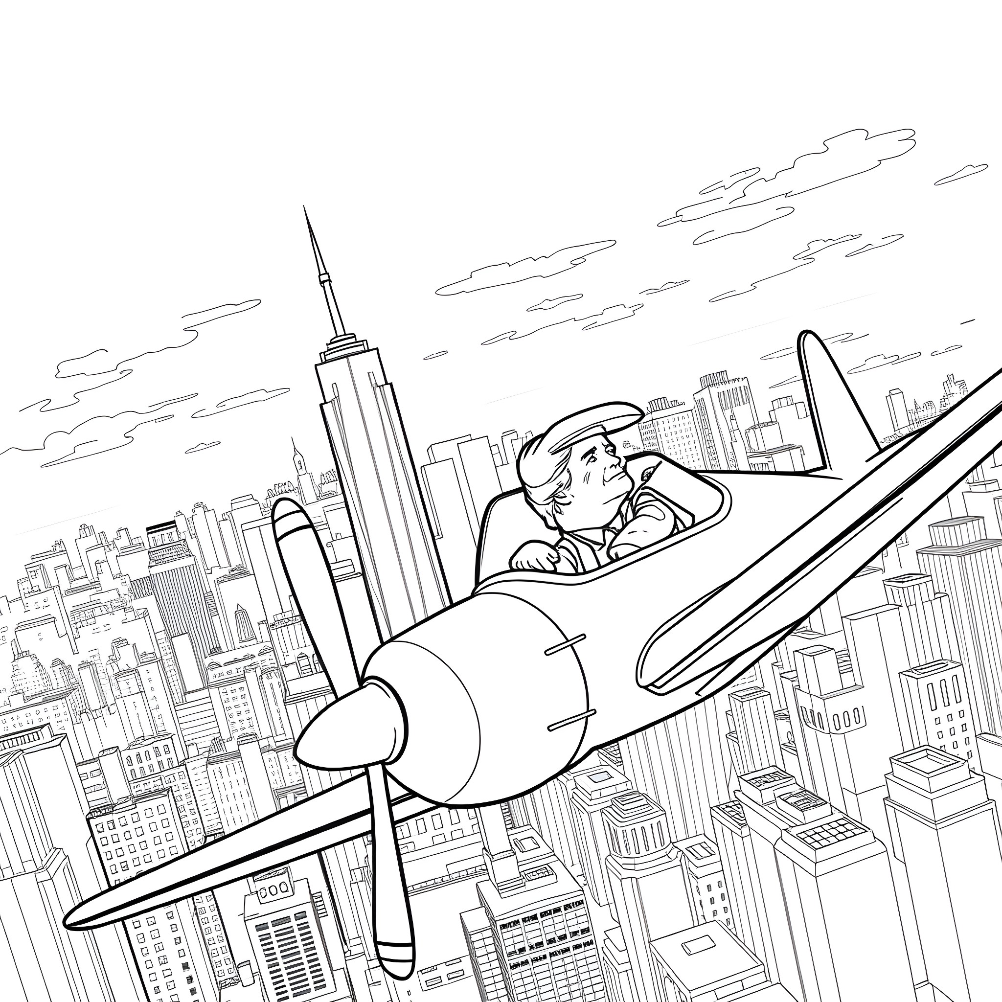 Trump soaring over the city in a biplane Coloring Page (free black-and-white line drawing printable PDF for all, from beginners to advanced learners, including children, teens, adults, and seniors)