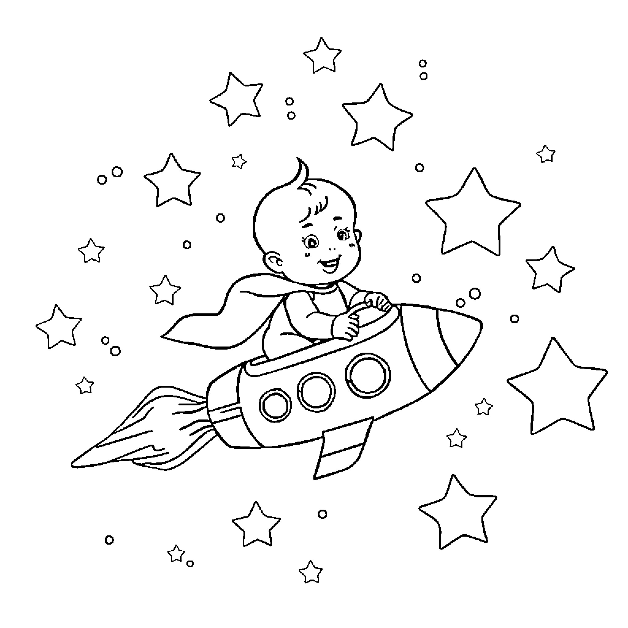 Baby riding rocket ship among the stars Coloring Page (free black-and-white line drawing printable PDF for all, from beginners to advanced learners, including children, teens, adults, and seniors)
