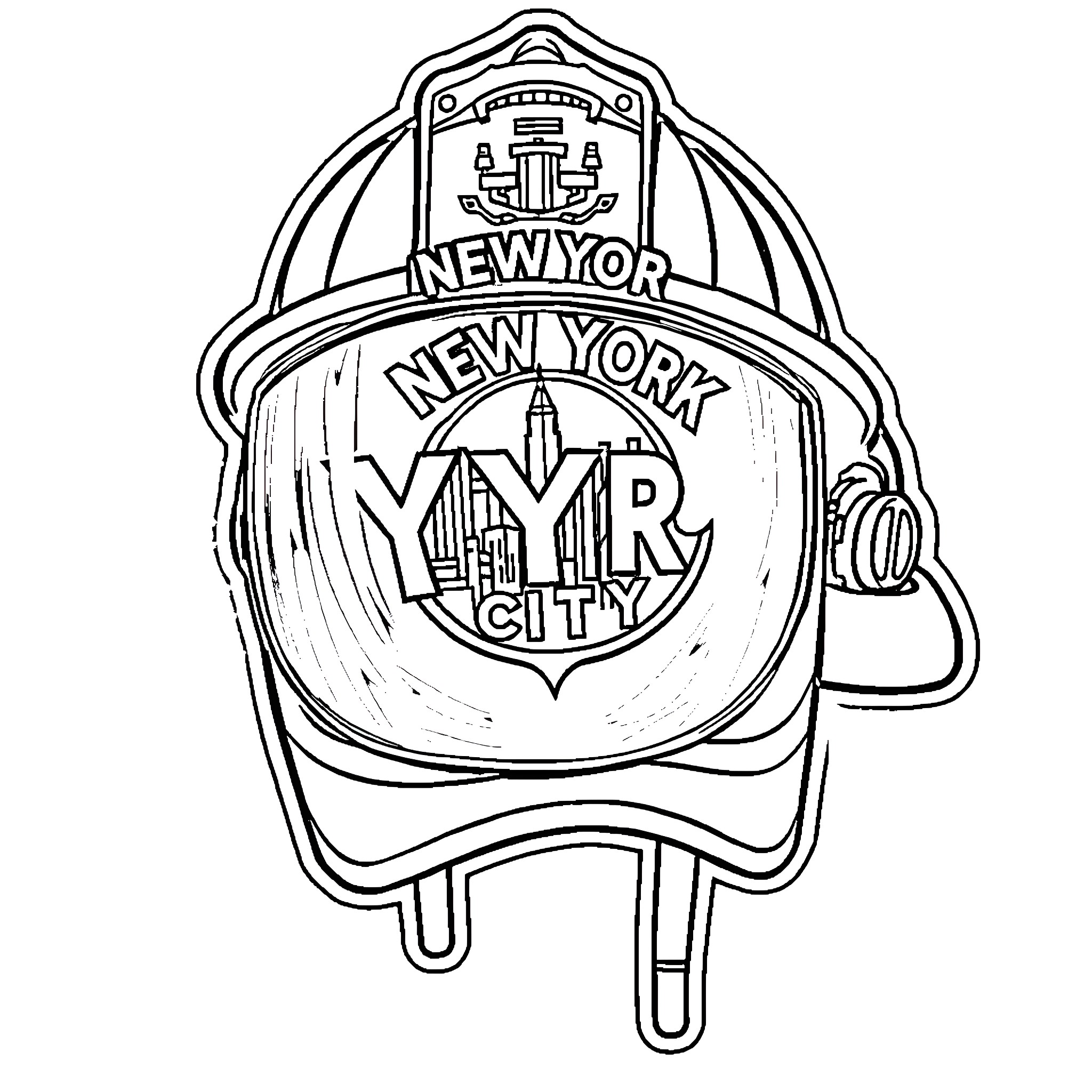 Fire Helmet with New York City Emblem Coloring Page (free black-and-white line drawing printable PDF for all, from beginners to advanced learners, including children, teens, adults, and seniors)