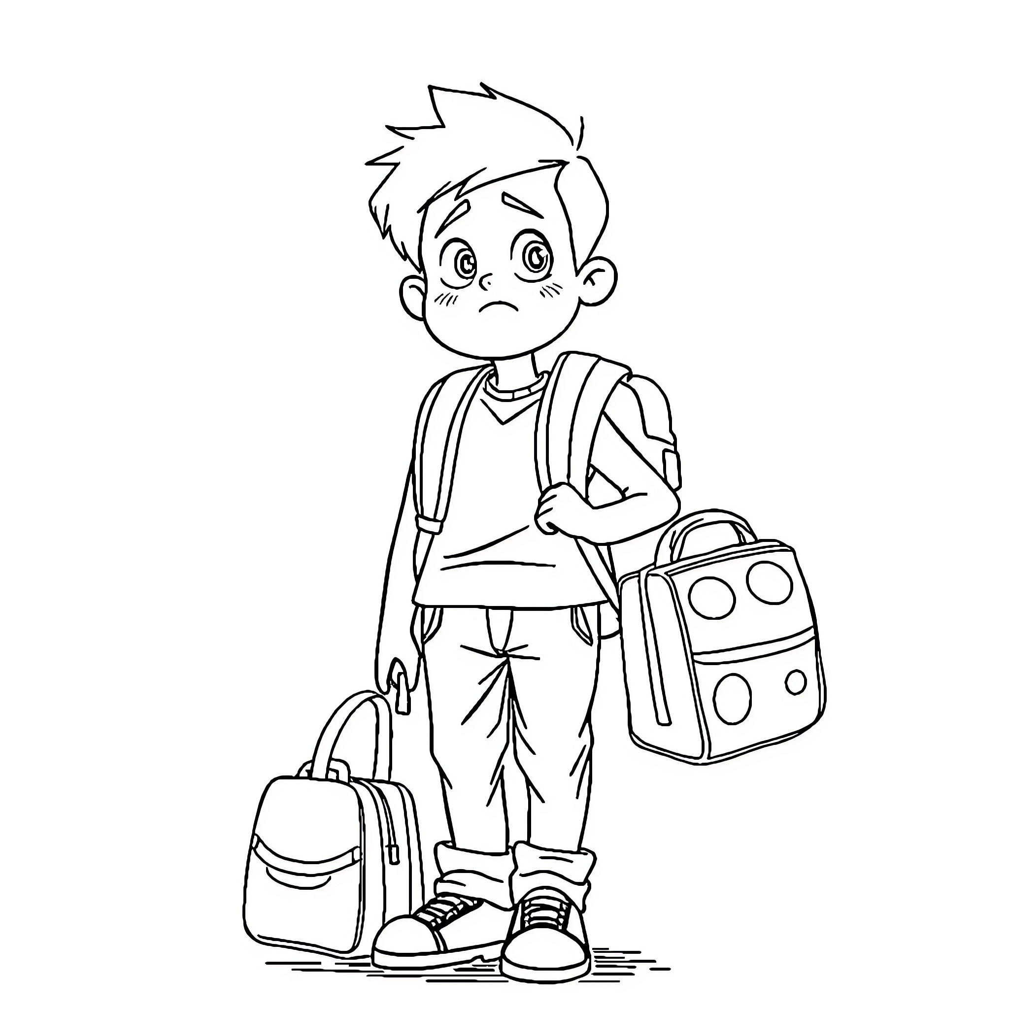 Student carrying backpacks on the way to school Coloring Page (free black-and-white line drawing printable PDF for all, from beginners to advanced learners, including children, teens, adults, and seniors)