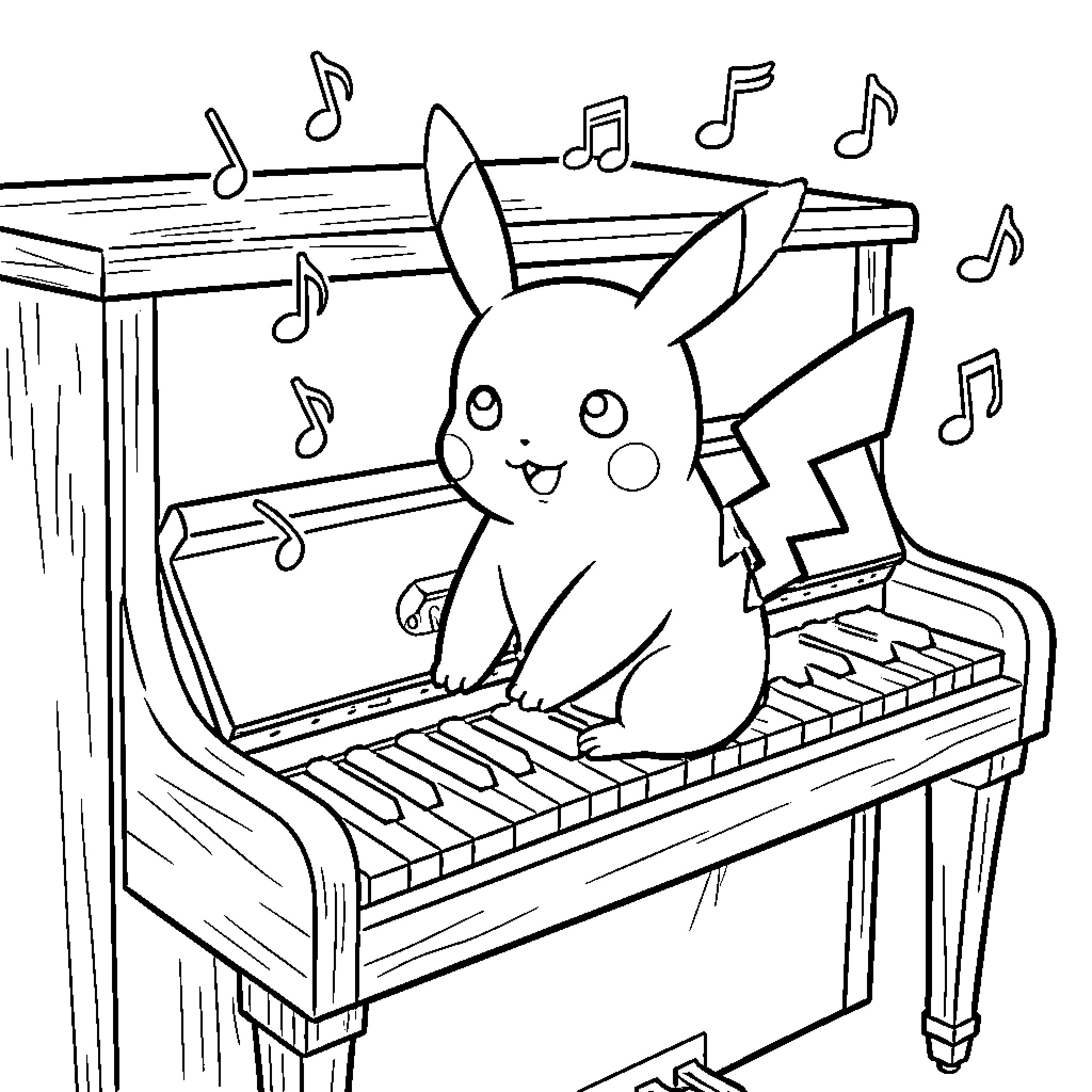 Pikachu playing piano with joy and music Coloring Page (free black-and-white line drawing printable PDF for all, from beginners to advanced learners, including children, teens, adults, and seniors)