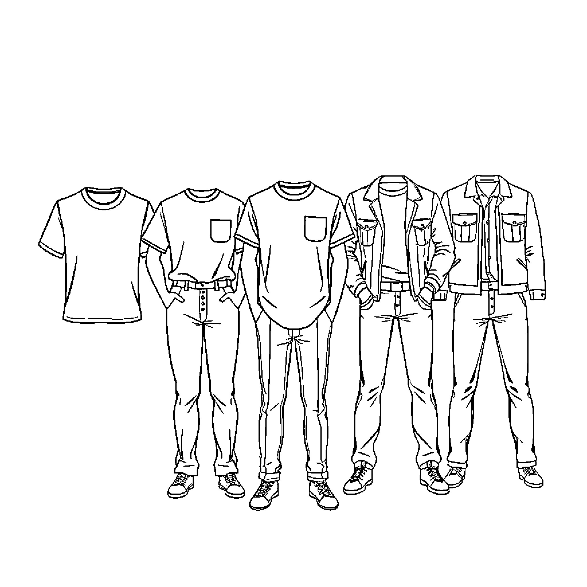 Clothing selection featuring various outfit styles Coloring Page (free black-and-white line drawing printable PDF for all, from beginners to advanced learners, including children, teens, adults, and seniors)