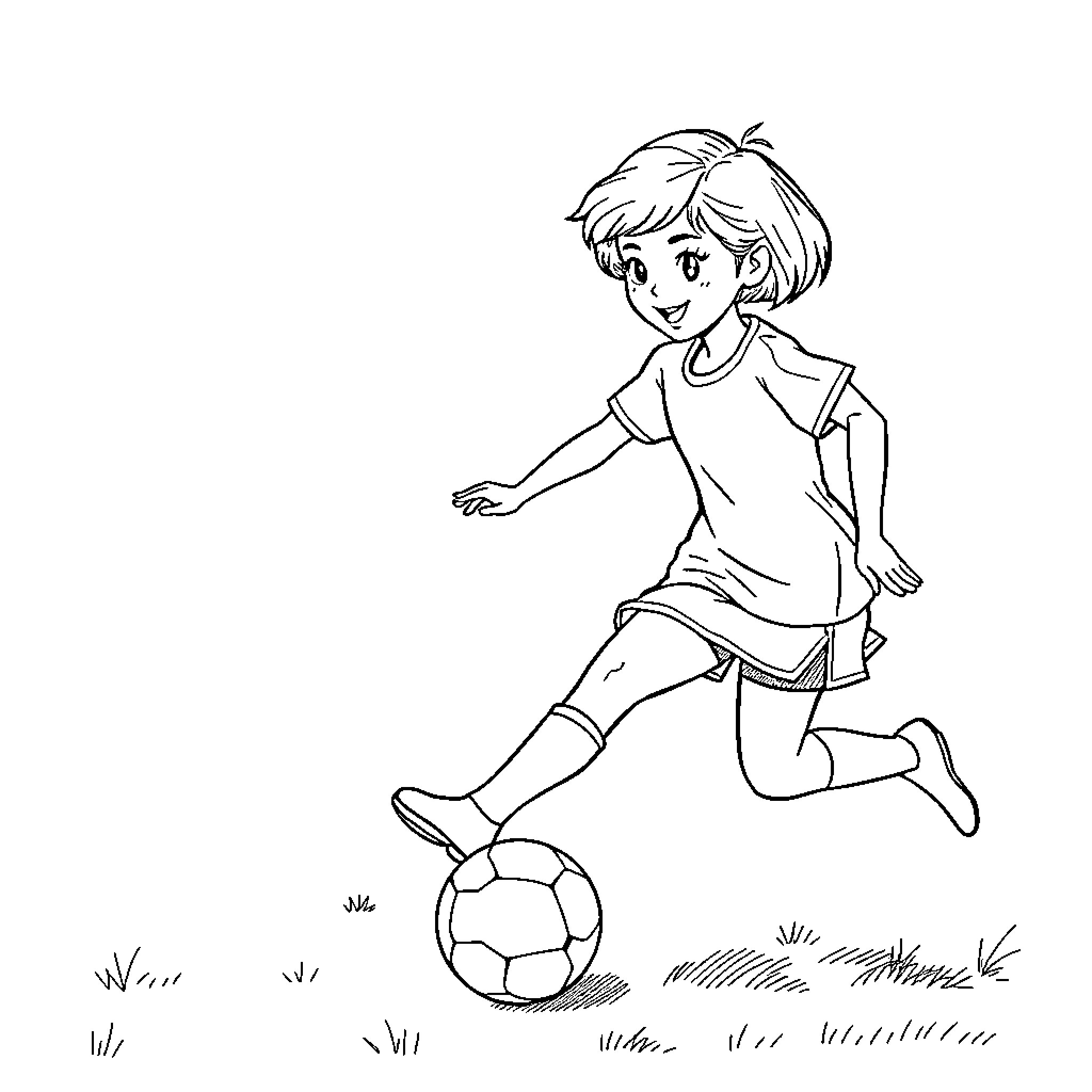 Girl Playing Happily with Soccer Ball Coloring Page (free black-and-white line drawing printable PDF for all, from beginners to advanced learners, including children, teens, adults, and seniors)