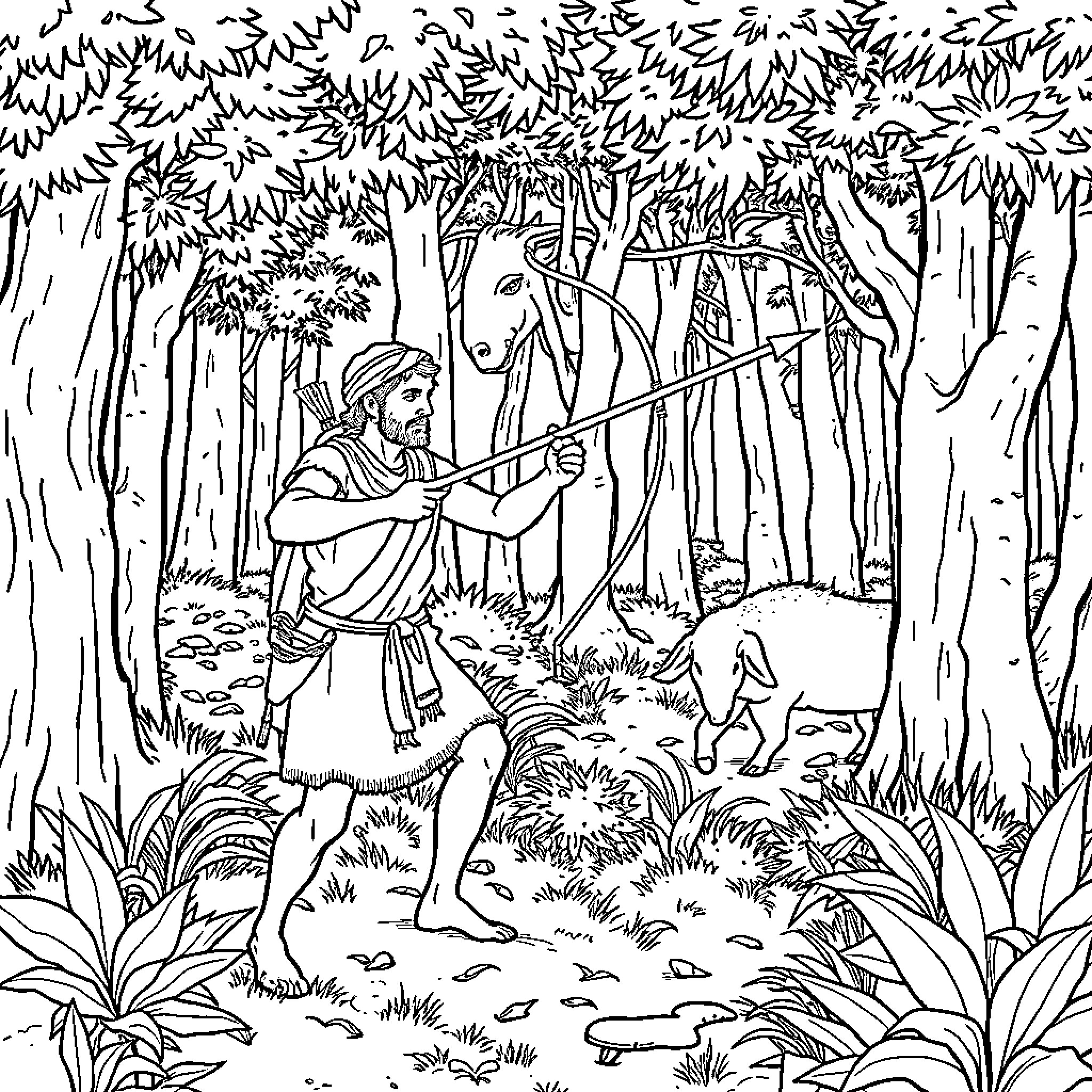 Homme Hunting in the Lush Forest Wilderness Coloring Page (free black-and-white line drawing printable PDF for all, from beginners to advanced learners, including children, teens, adults, and seniors)