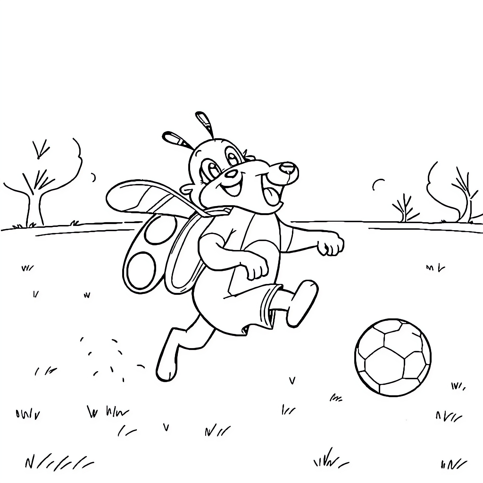 Paw Patrol pup playing soccer in the park Coloring Page (free black-and-white line drawing printable PDF for all, from beginners to advanced learners, including children, teens, adults, and seniors)