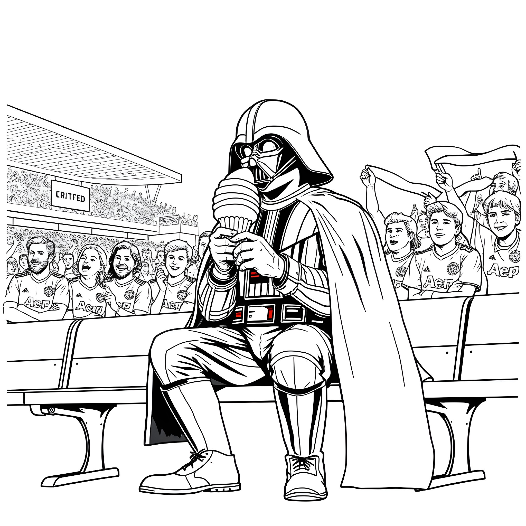 Darth Vader attends sporting event in stadium Coloring Page (free black-and-white line drawing printable PDF for all, from beginners to advanced learners, including children, teens, adults, and seniors)