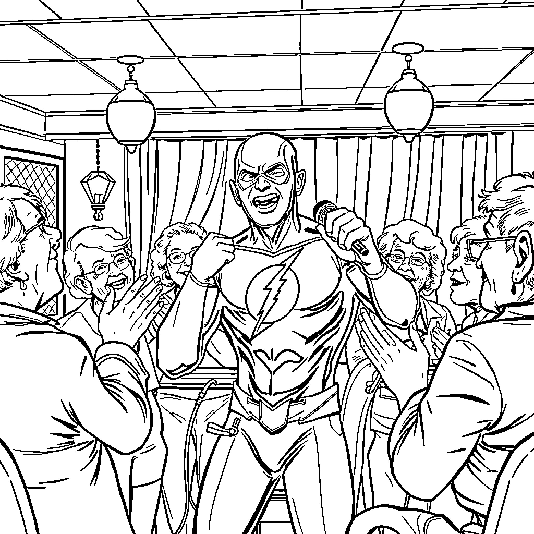 Flash Celebrates with Crowd in Lively Venue Coloring Page (free black-and-white line drawing printable PDF for all, from beginners to advanced learners, including children, teens, adults, and seniors)