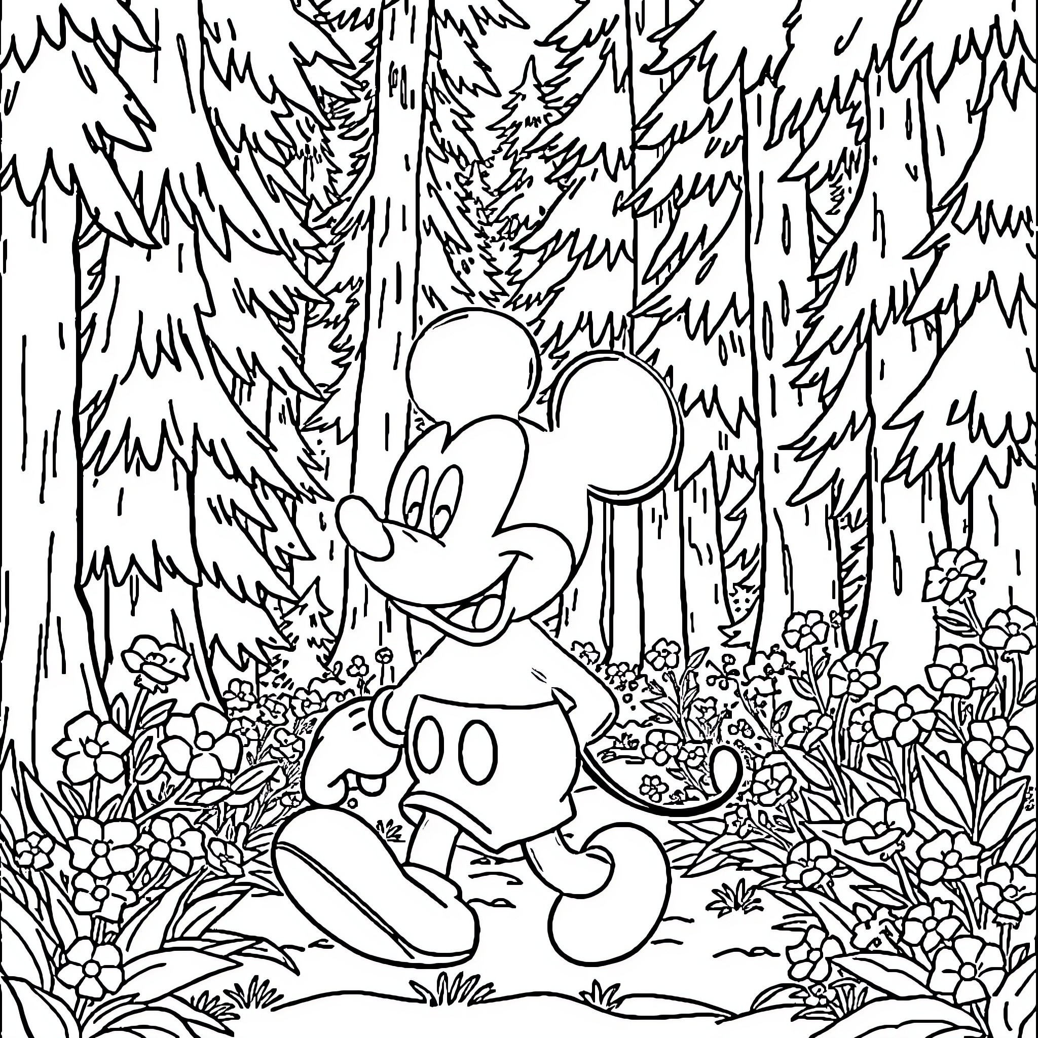Mickey Mouse in a magical forest setting Coloring Page (free black-and-white line drawing printable PDF for all, from beginners to advanced learners, including children, teens, adults, and seniors)